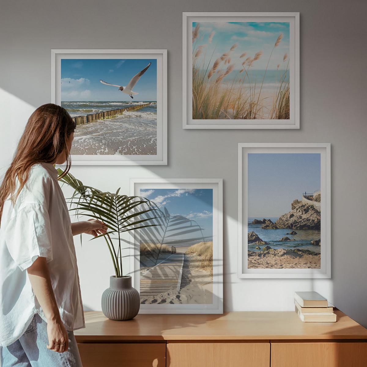 BILDER SET 4er Set - 50x50 cm & 40x60 cm Weißer Rahmen - Strand Holzsteg Klippen - Weiß, Kunststoff (50/50cm) - TULUP