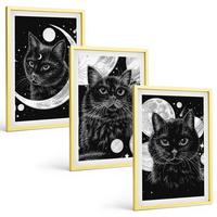 BILDER SET 3er Set - 40x60 cm Goldrahmen - Schwarze Katzen, Mond, Weltraum - Goldfarben, Kunststoff (40/60cm) - TULUP
