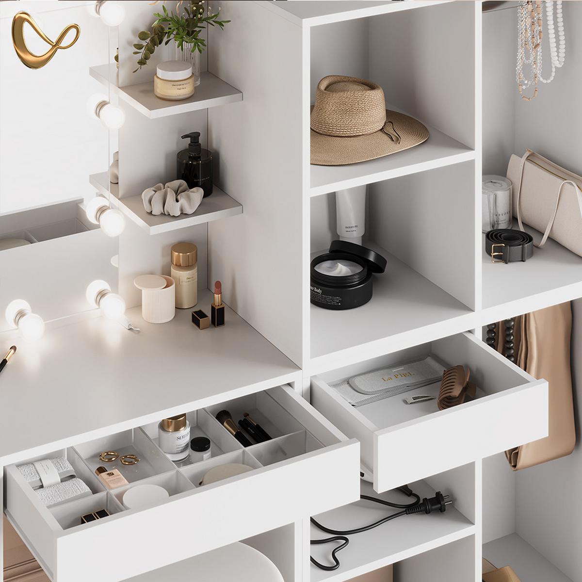 SCHMINKTISCH Nola Weiß 140 cm mit Hocker und Schrank - Weiß, Holzwerkstoff (140/140/40cm) - Livinity®
