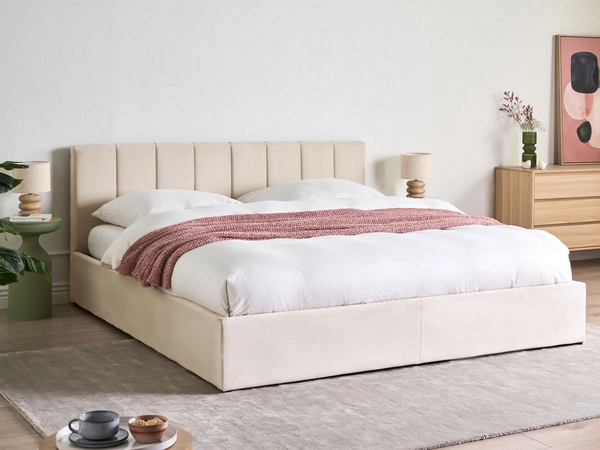 BETT mit Stauraum 180/200 cm Samtstoff Hellbeige Dreux - Beige, Textil (180/200cm) - Beliani
