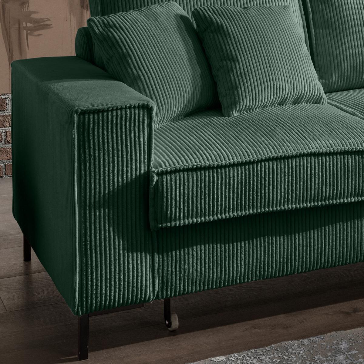 ECKSOFA mit Schlaffunktion, Bettkasten, Wellenunterfederung, Récamiere rechts B240/T150/H92 cm, Liegefl. 125x198 cm, Cord Grün / 17221 - Waldgrün/Schwarz, Textil/Metall (240/150cm) - luma-home