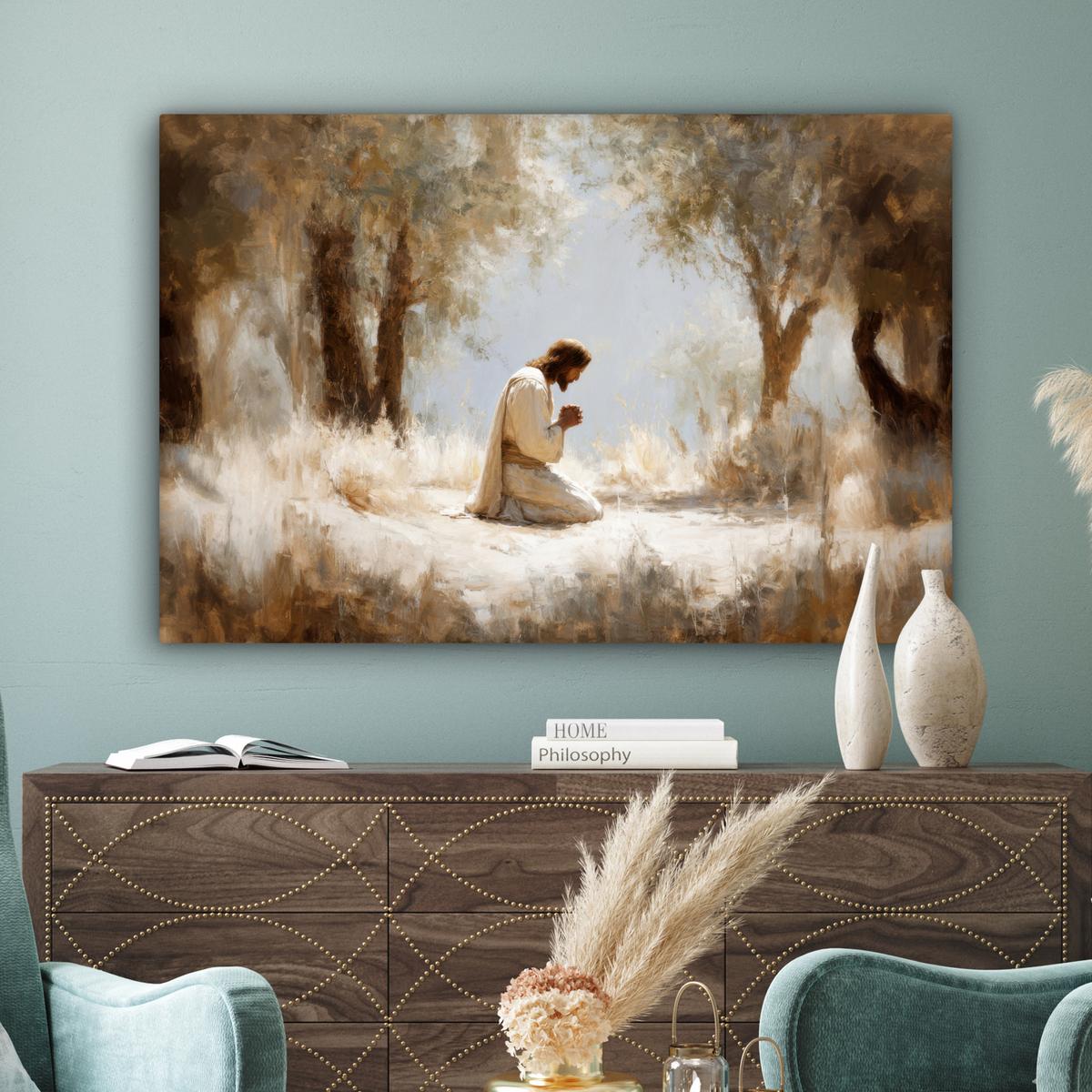 LEINWANDBILD Jesus - Kniend - Waldlandschaft - Betend Groß 140x90 cm - Beige/Hellblau, Textil (140/90cm) - MuchoWow