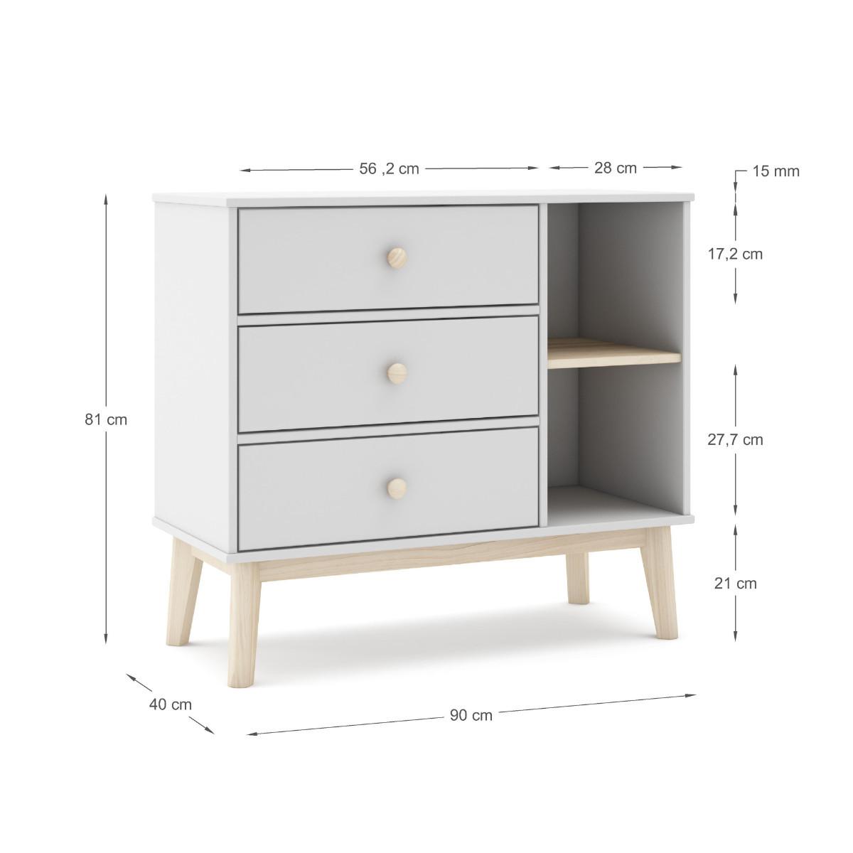 KOMMODE mit 3 Schubladen und 2 offenen Fächern, L90 cm 40/90/81 cm - Weiß, Holzwerkstoff (40/81/90cm) - Calicosy