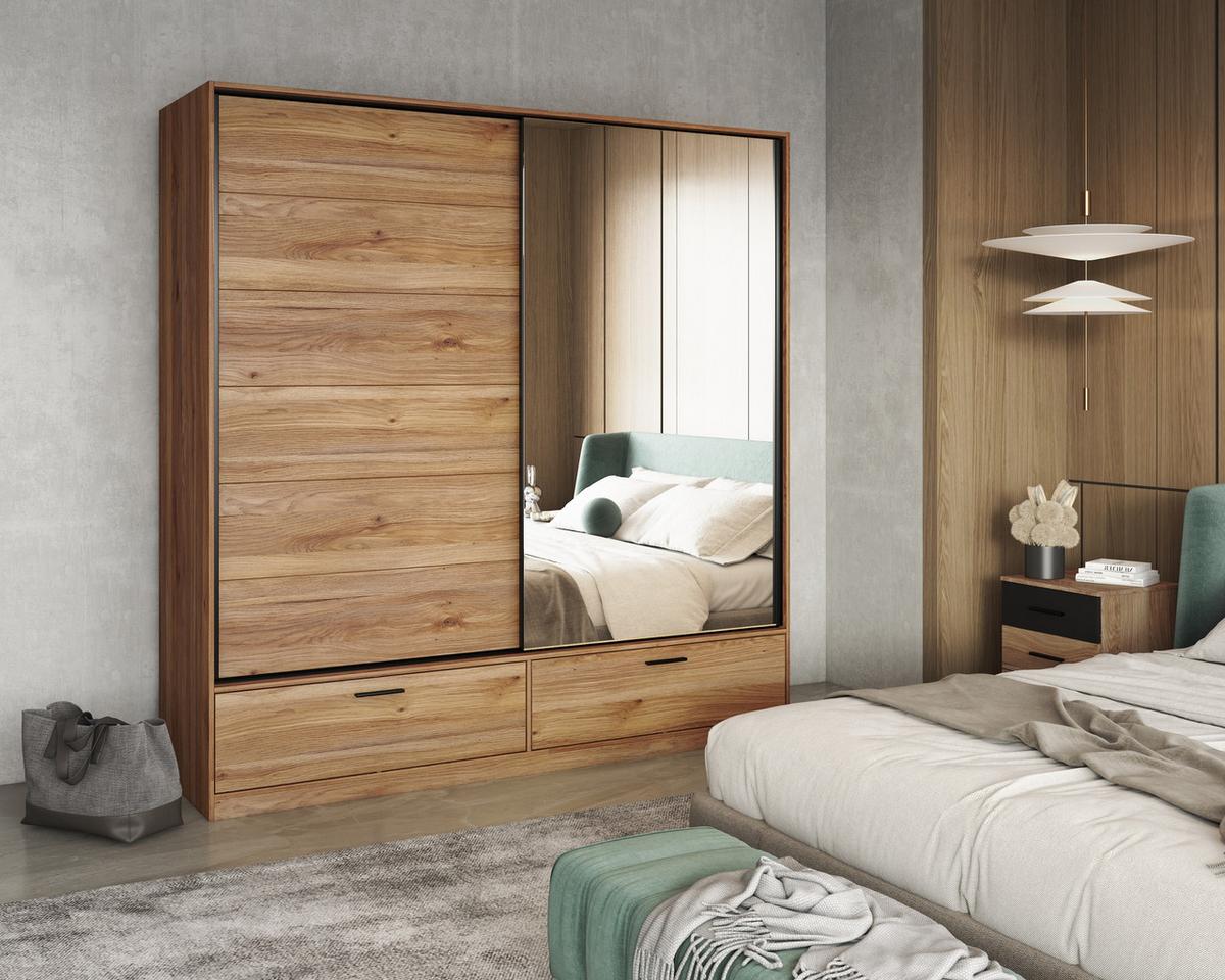 SCHWEBETÜRENSCHRANK BETTINA 180/209/61 cm 2-türig mit Spiegel Eiche Mauvella - Eichefarben, Holzwerkstoff (180/209/61cm) - MASSENO