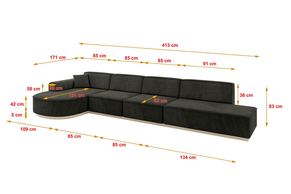 ECKSOFA Ottomane Links ARRIO-L3 - 413x171x83 cm Schwarz - Schwarz, Holzwerkstoff/Textil (413/171cm) - ALTDECOR