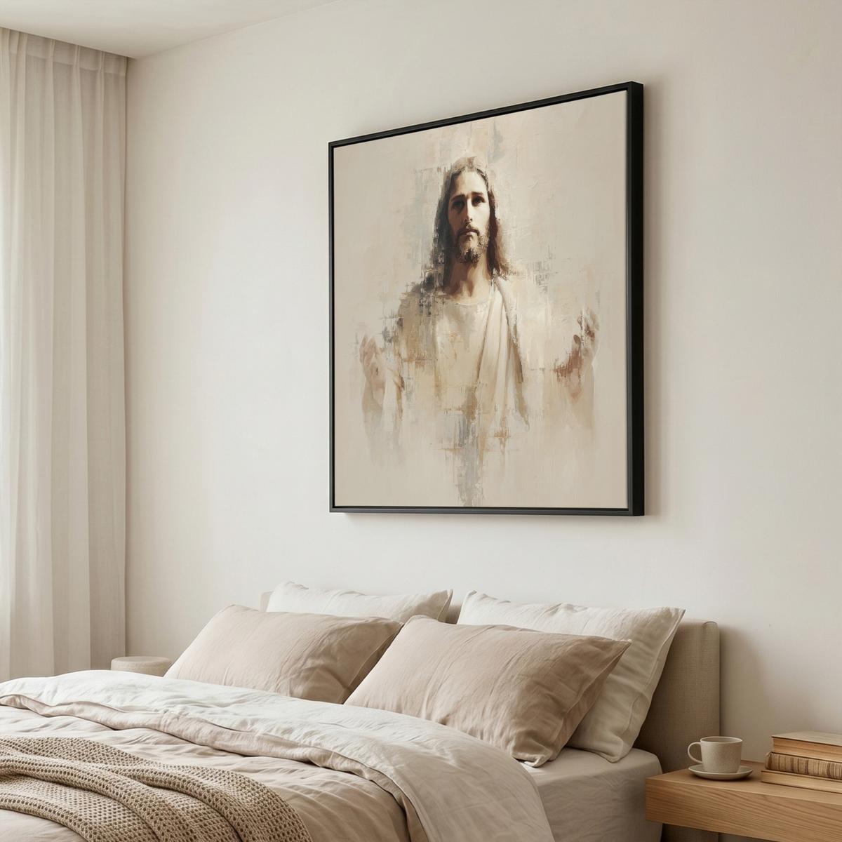 LEINWAND Bilder mit Rahmen - Porträt - Abstrakt - Jesus - Beige - 90x90 - Beige, Textil (90/90cm) - MuchoWow