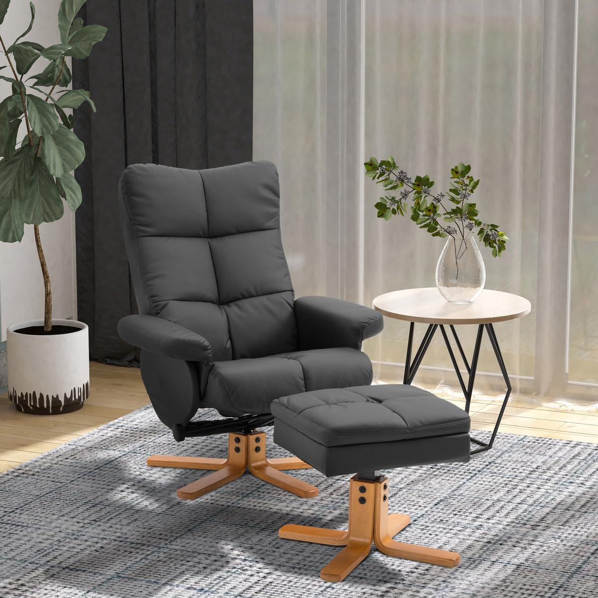 RELAXSESSEL mit Hocker Fernsehsessel 360° drehbar Liegefunktion Holz Schwarz - Schwarz, Holz/Kunststoff (86/99/80cm) - HOMCOM