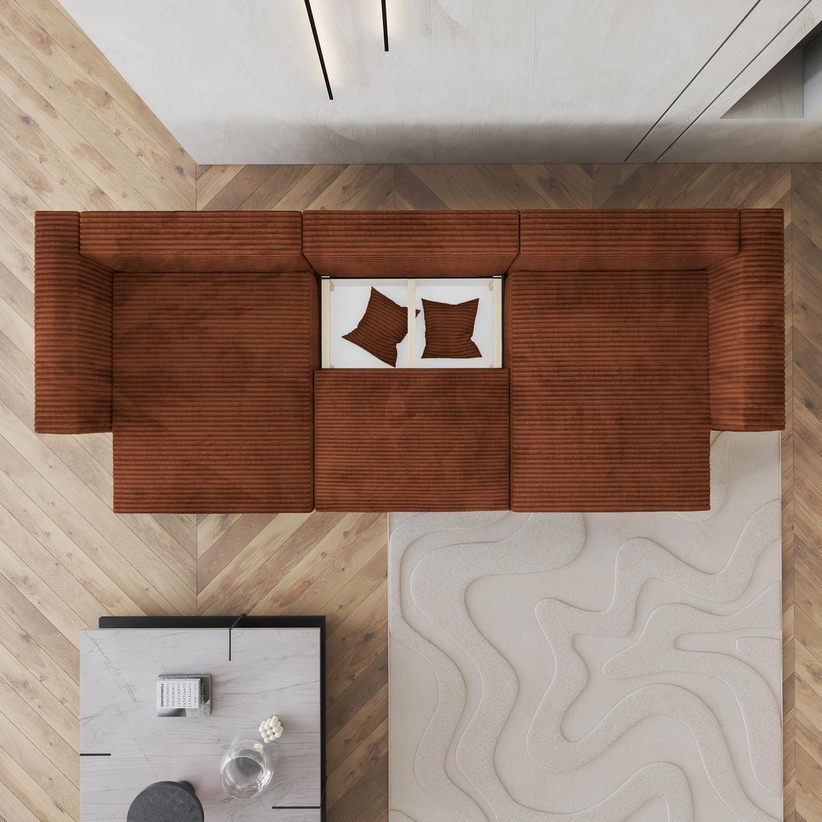 WOHNLANDSCHAFT SARMO Braun Kordstoff mit Schlaffunktion - Braun/Grau, Holz/Kunststoff (347/90/148cm) - MASSENO