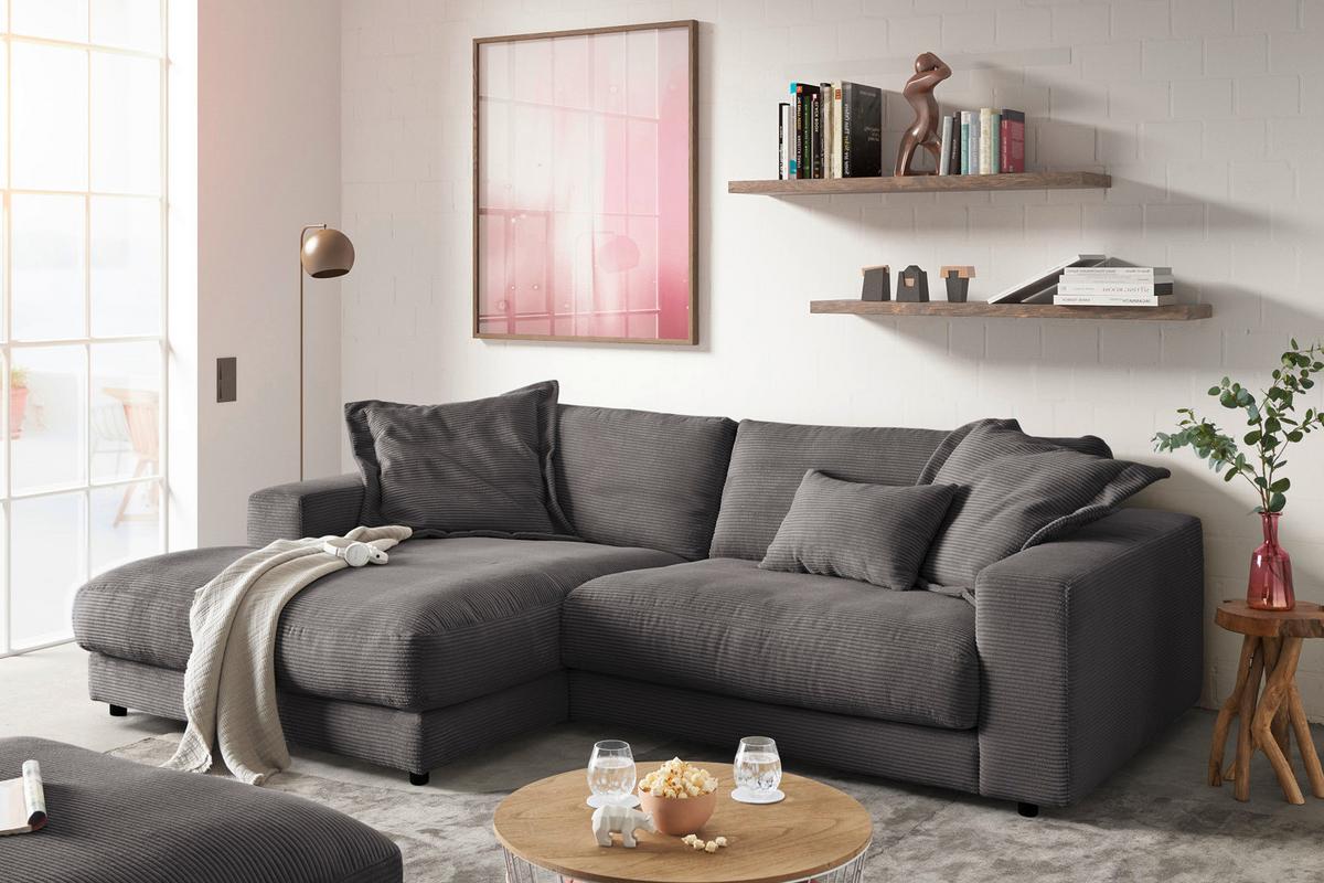 ECKSOFA MADELINE Grau Cord - Schwarz/Grau, Kunststoff/Textil (270/190cm) - KAWOLA