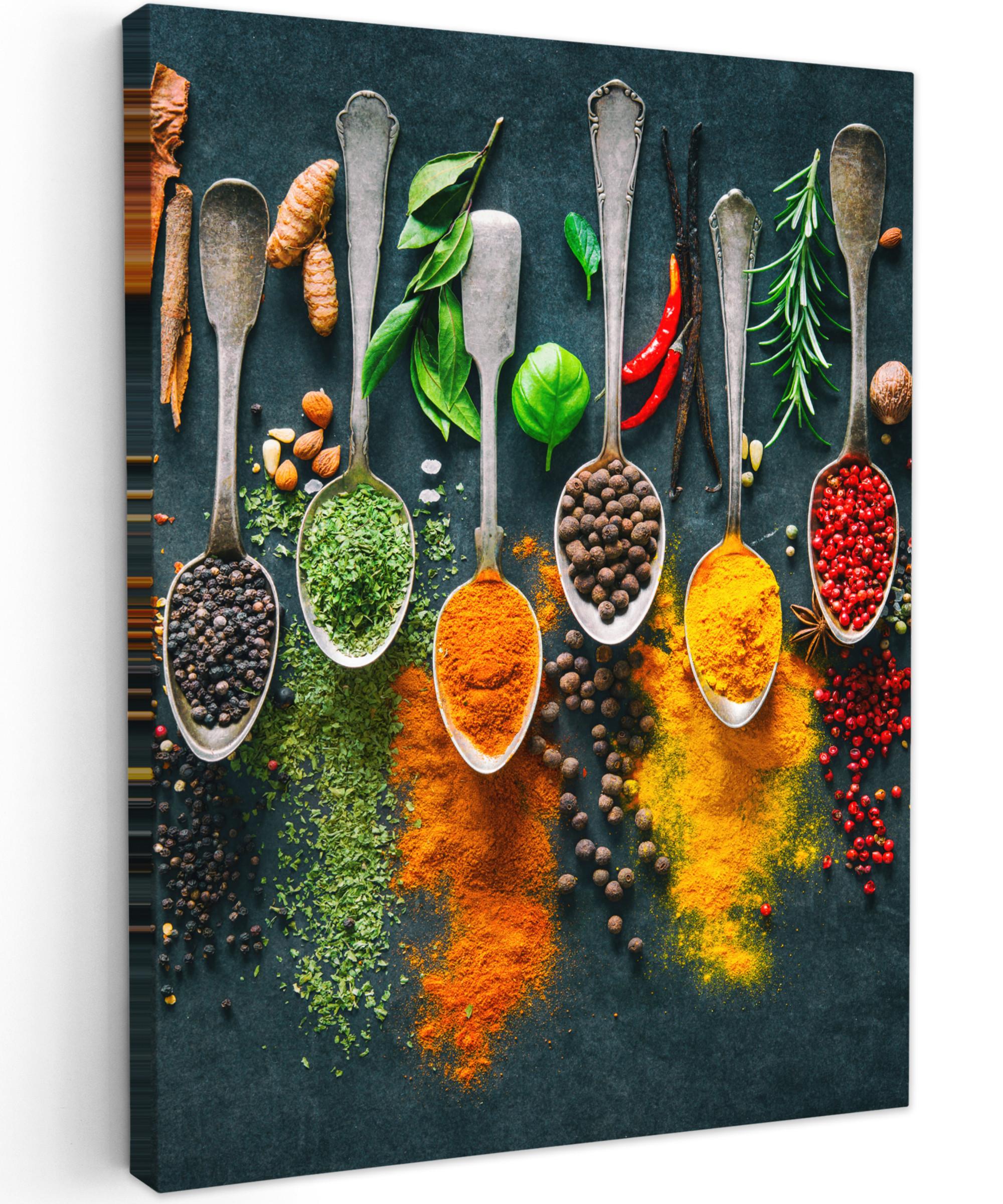 LEINWANDBILD Kräuter - Gewürze - Löffel Room Decor 30x40 cm - Currygelb, Textil (30/40cm) - MuchoWow