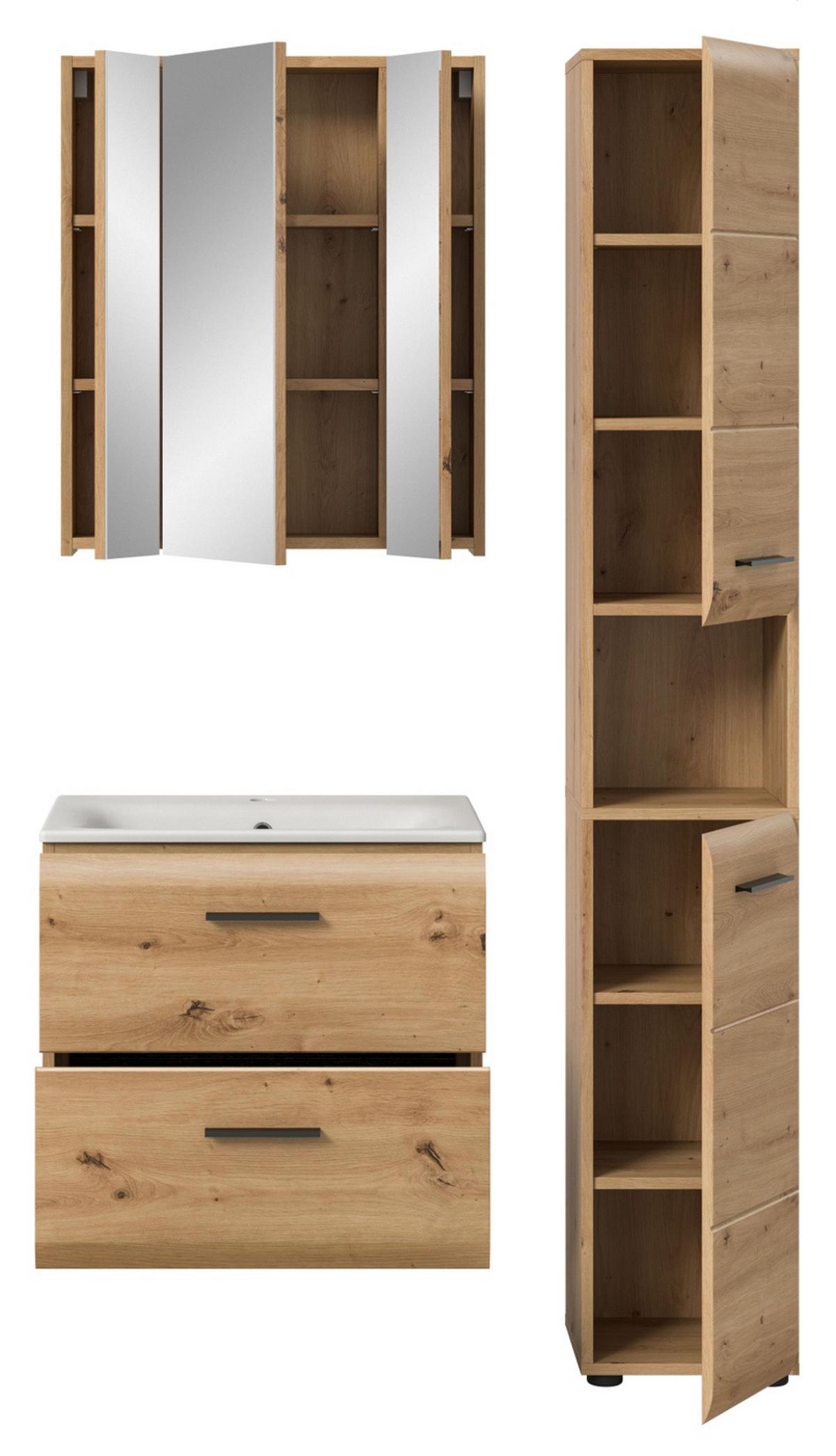 BADMÖBEL SET 3-teilig in Eiche Artisan, Bad Komplett-Set inkl. Waschbecken 105 x 185 cm - Schwarz/Eiche Artisan, Glas/Keramik (105/185/30cm) - Inn.Furn