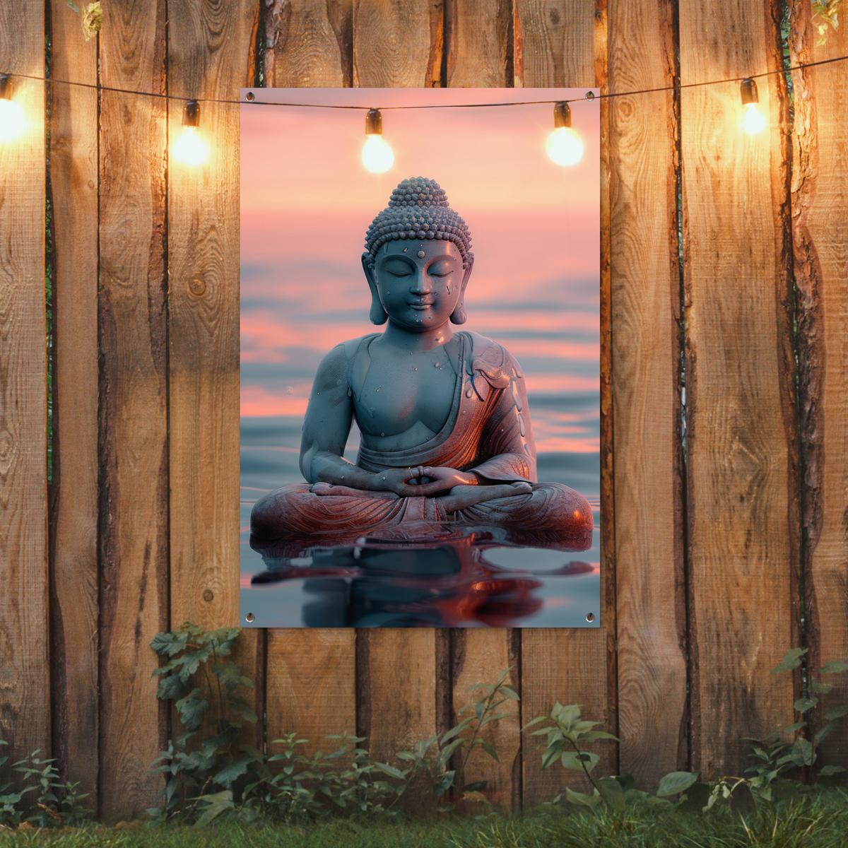 GARTENPOSTER Buddha - Statue - Buddha - Wasser - Kunst - Buddha Outdoor Bilder 80x120 cm - Blaugrau, Kunststoff (80/120/0.2cm) - OnlyWow