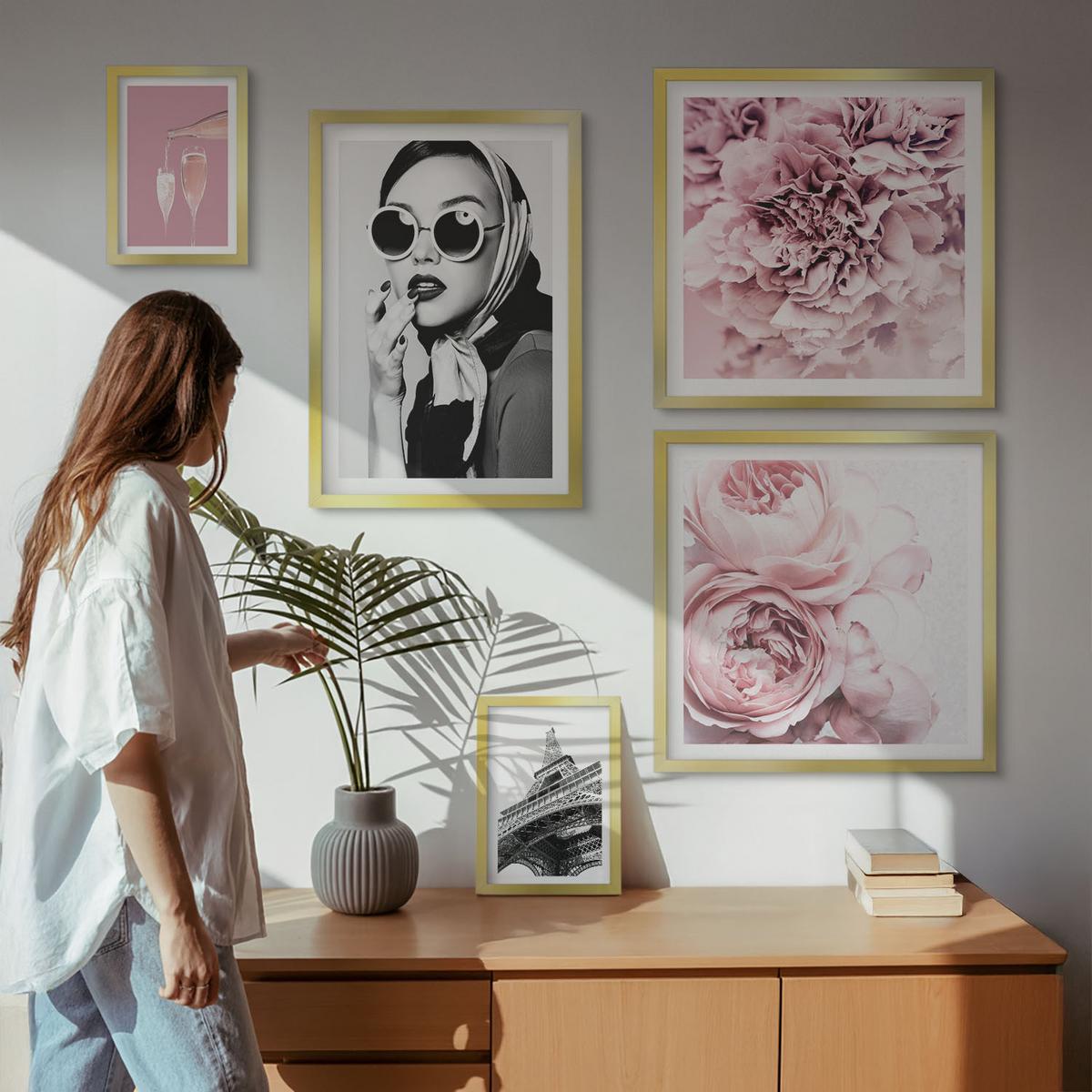 BILDER SET 5er Set - 50x50 cm & 20x30 cm & 40x60 cm Goldrahmen - Porträts, Eiffelturm-Slogans - Goldfarben, Kunststoff (40/60cm) - TULUP
