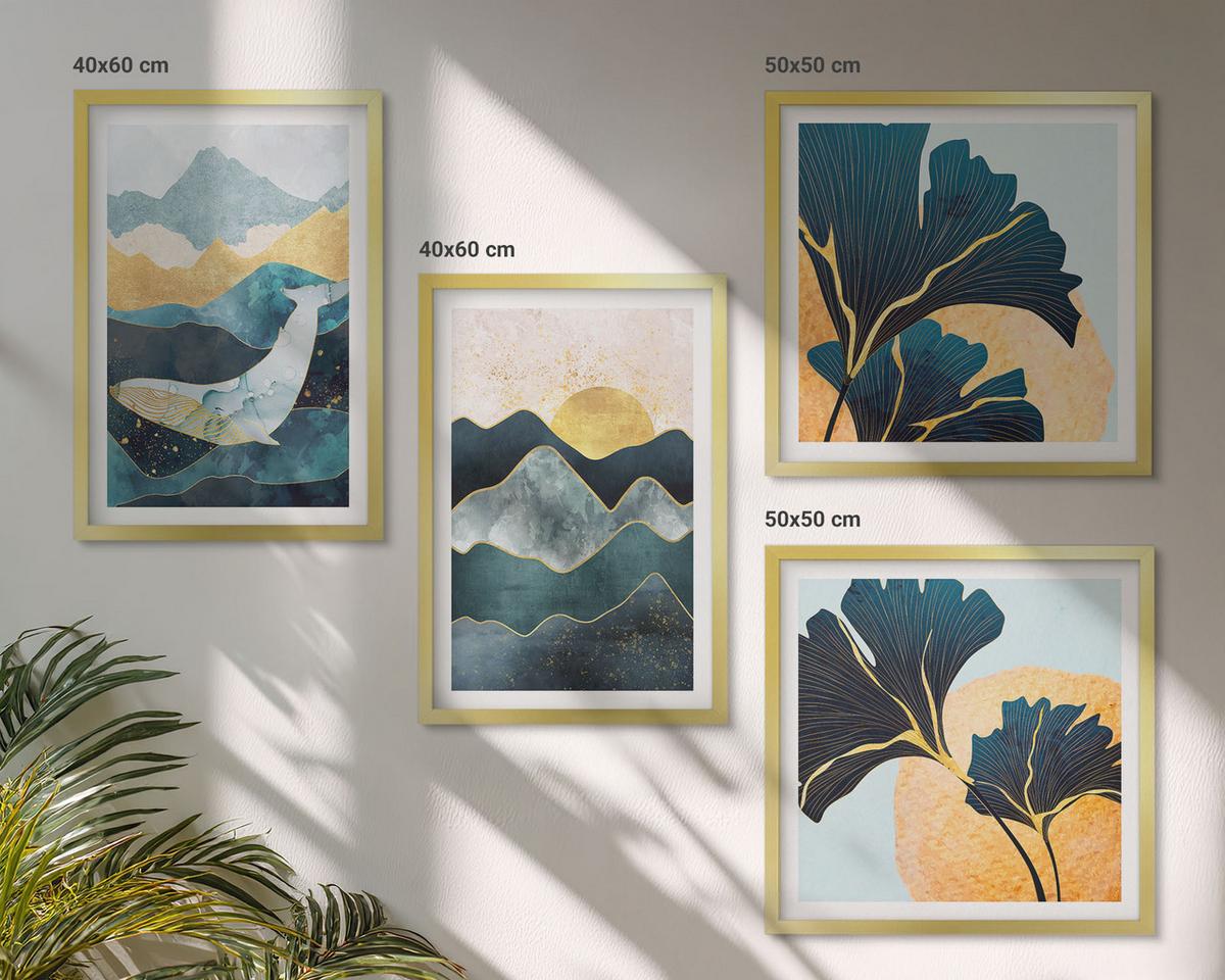 BILDER SET 4er Set - 50x50 cm & 40x60 cm Goldrahmen - Abstrakte ästhetische Berge - Goldfarben, Kunststoff (50/50cm) - TULUP