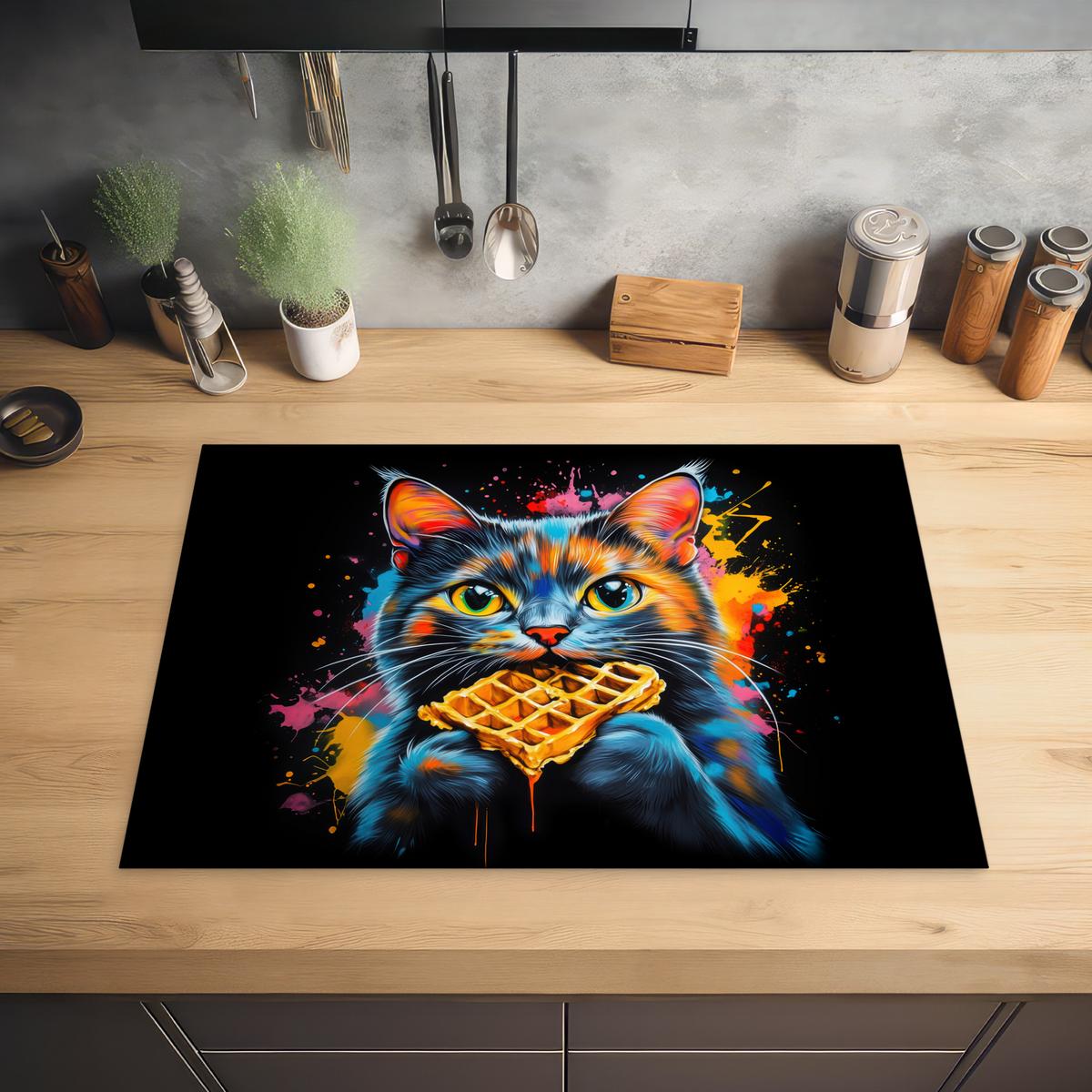 HERDABDECKPLATTE Katze - Graffiti - Bunt - Waffel - Essen Herdabdeckung Induktionsfeld 75x52 cm - Multicolor, Kunststoff (75/52/0.2cm) - MuchoWow