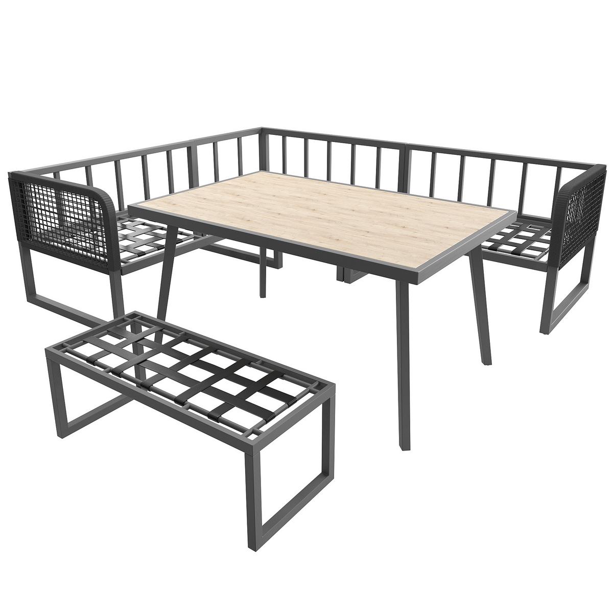 LOUNGEGARNITUR 6-tlg. PE-Rattan Grau Ecksofa mit Tisch & Bank für Terrasse - Grau, Textil - Urban Meuble