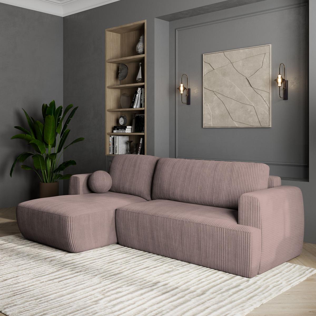 ECKSOFA SENTI P L-S Lila Kordstoff mit Schlaffunktion - Lila/Schwarz, Holz/Kunststoff (246/148cm) - MASSENO