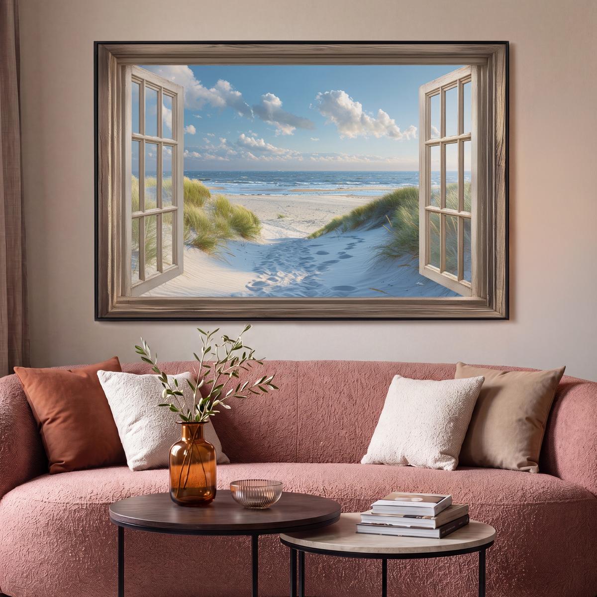 LEINWAND Bilder mit Rahmen - Aussicht - Strand - Fenster - Dünen - Meer - 120x80 - Hellblau, Textil (120/80cm) - MuchoWow