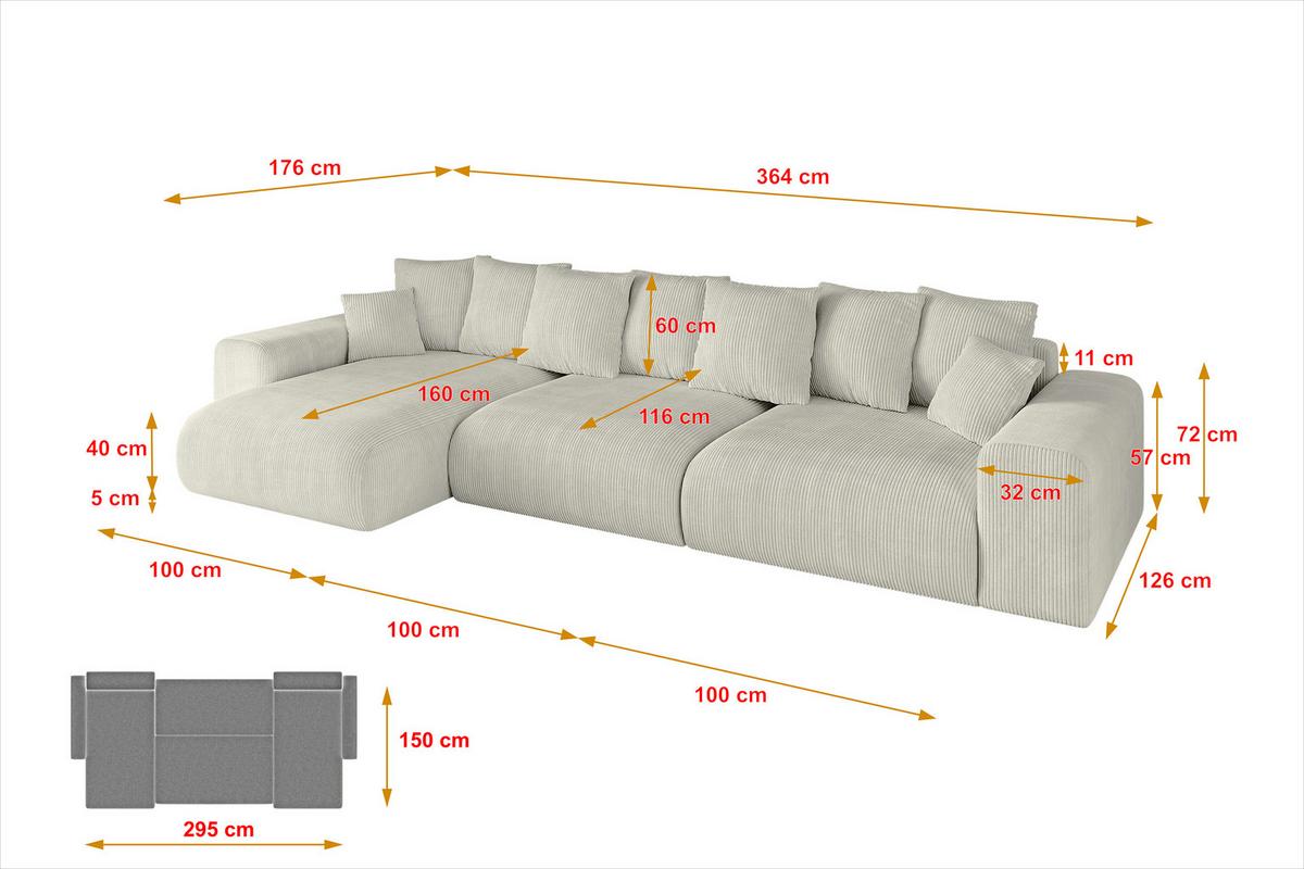 ECKSOFA Ottomane links ESKAR-L2 364x176x72 Creme Cord - Ecru/Creme, Holzwerkstoff/Kunststoff (364/176cm) - ALTDECOR