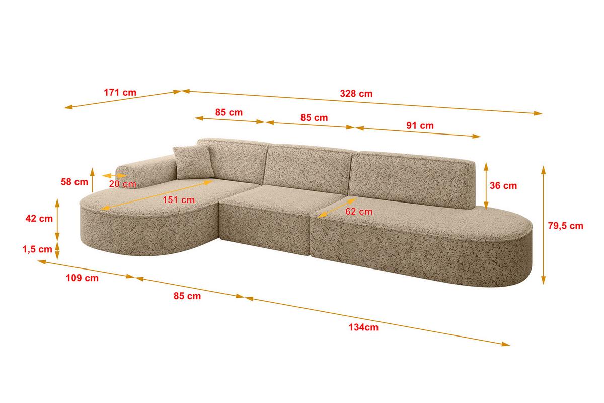 ECKSOFA Ottomane Links MARI-L2 - 328x171x79 cm Braun Tissu - Schwarz/Braun, Holzwerkstoff/Kunststoff (328/171cm) - ALTDECOR
