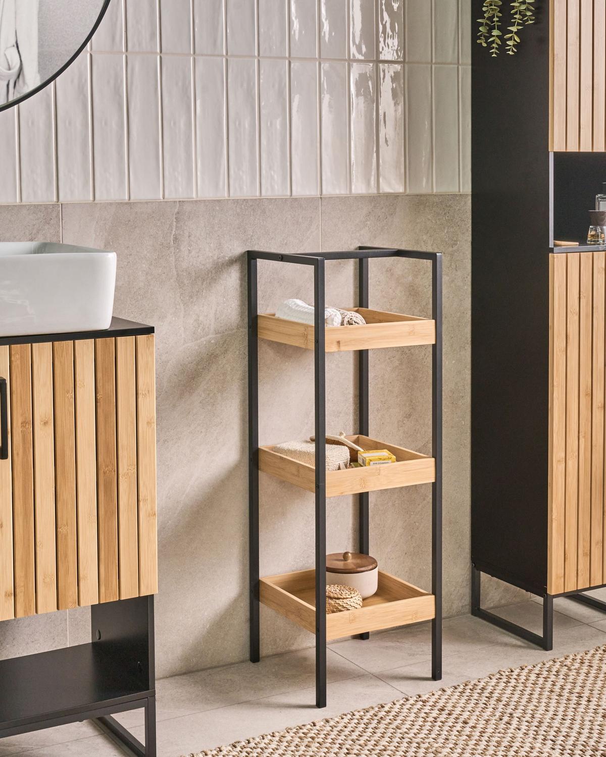 REGAL mit 3 Ebenen Bambus Hellbraun Tajzara - Hellbraun/Schwarz, Holz (30/90/30cm) - Beliani