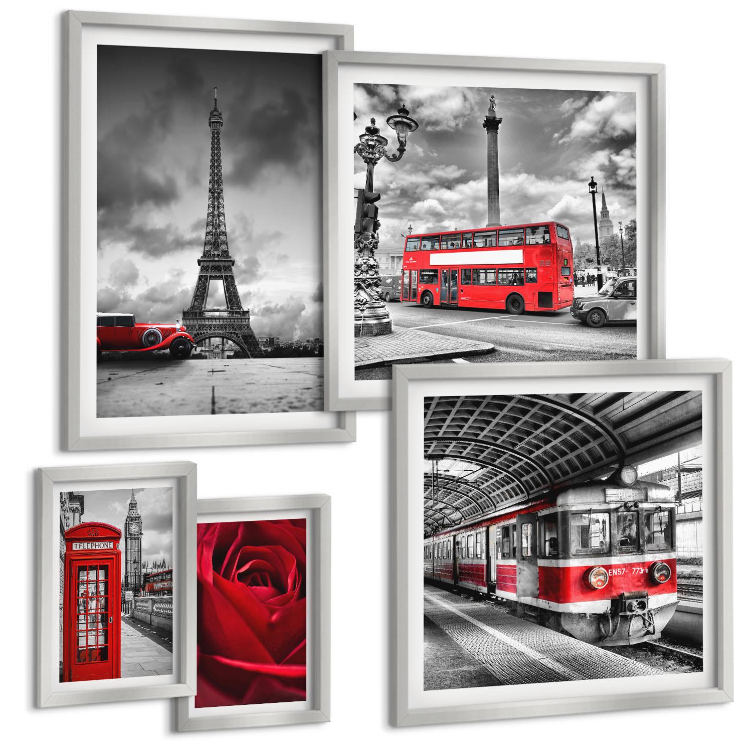 BILDER SET 5er Set - 50x50 cm & 20x30 cm & 40x60 cm Silberner Rahmen - Ikonische Städte London Paris Eisenbahn - Silberfarben, Kunststoff (40/60cm) - TULUP