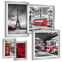 BILDER SET 5er Set - 50x50 cm & 20x30 cm & 40x60 cm Silberner Rahmen - Ikonische Städte London Paris Eisenbahn - Silberfarben, Kunststoff (40/60cm) - TULUP