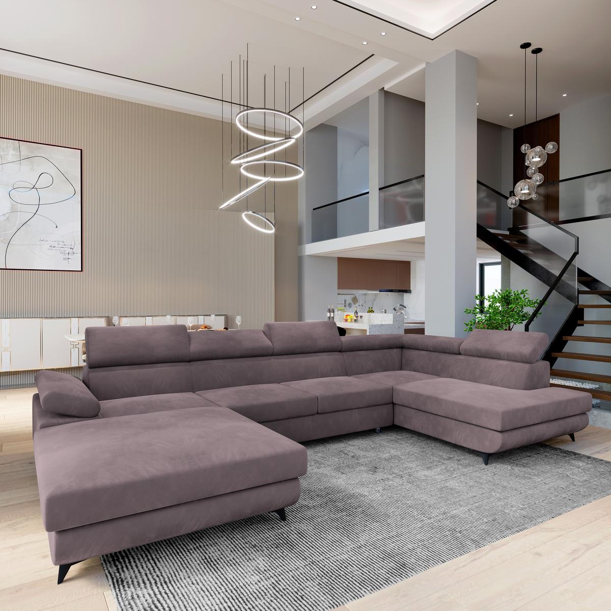 WOHNLANDSCHAFT RUBANO R-S Lila Velours-Stoff mit Schlaffunktion - Lila, Holz (339/89/190cm) - MASSENO