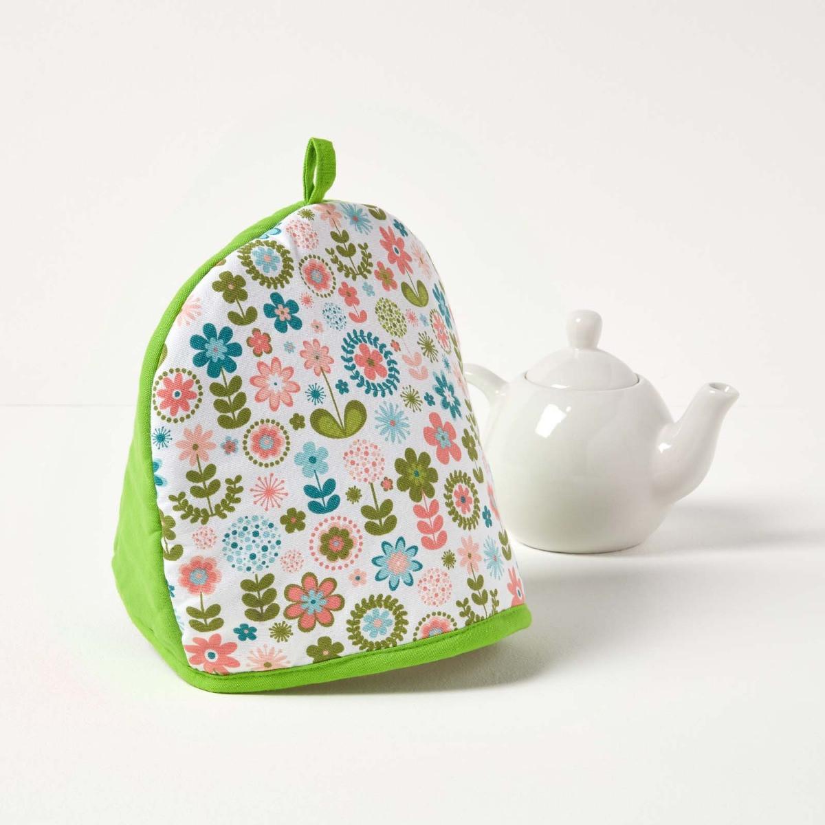 TEA COSY – Stoff-Teewärmer Retro-Blumen - Grün, Textil (36/24/36cm) - Homescapes