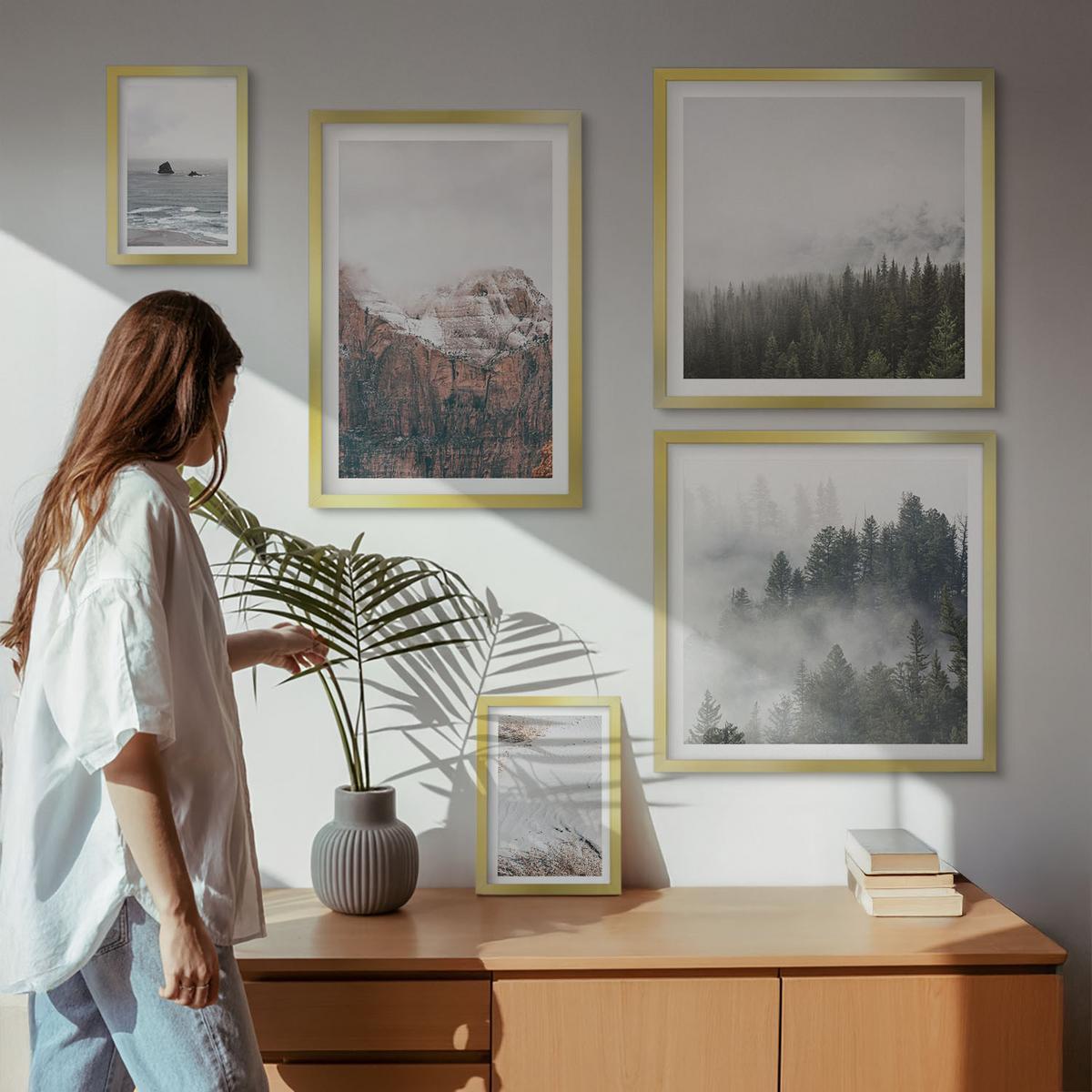 BILDER SET 5er Set - 50x50 cm & 20x30 cm & 40x60 cm Goldrahmen - Abstrakte Wellen, graue Pastellfarben - Goldfarben, Kunststoff (40/60cm) - TULUP