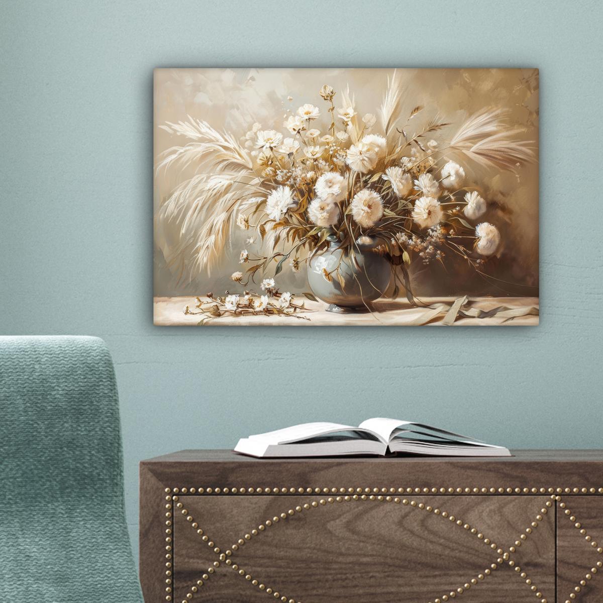 LEINWANDBILD Blumen - Vase - Stilleben - Beige Deko Schlafzimmer 30x20 cm - Creme, Textil (30/20cm) - MuchoWow