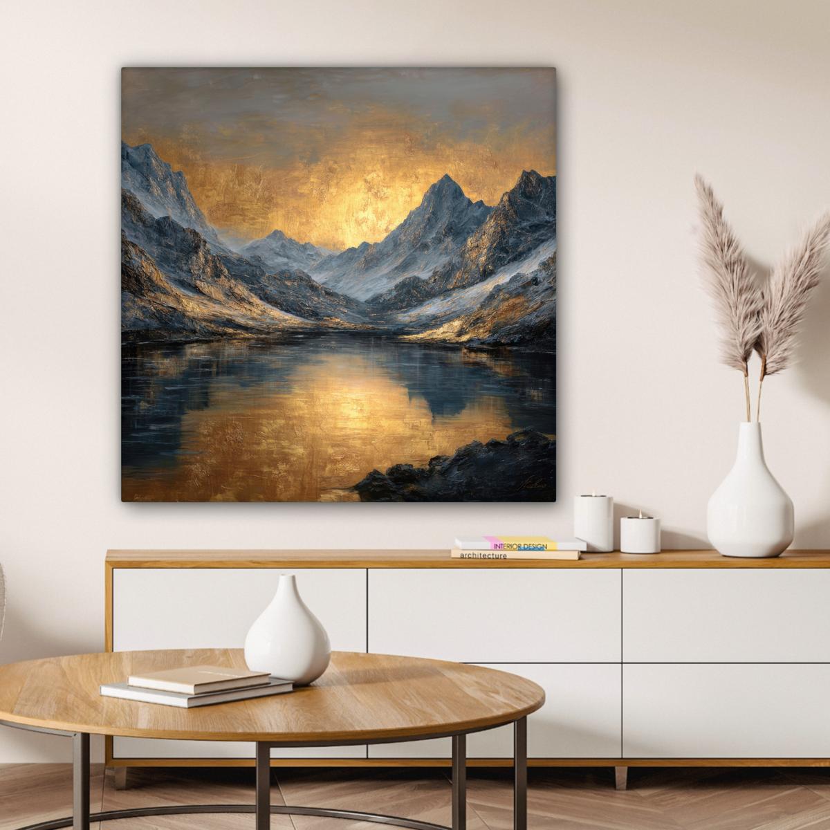 LEINWANDBILD Bergkulisse mit goldenem Sonnenuntergang Deko Groß 90x90 cm - Goldfarben, Textil (90/90cm) - MuchoWow