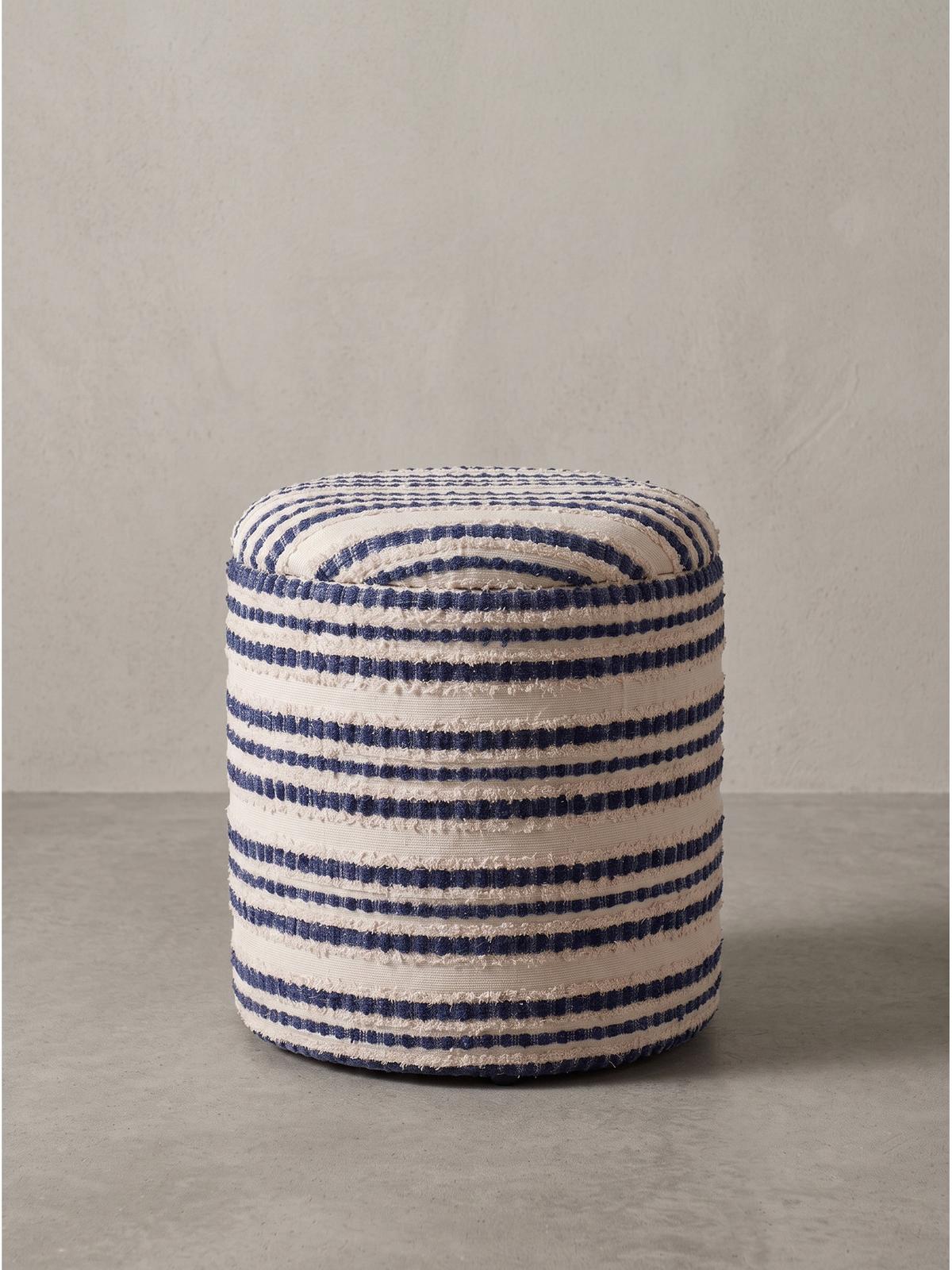 SITZHOCKER RHONE, Stoff, mit Textilbezug, Blau-Beige, Ø 40 x 45 cm - Blau/Beige, Textil (40/45/40cm) - KADIMA DESIGN