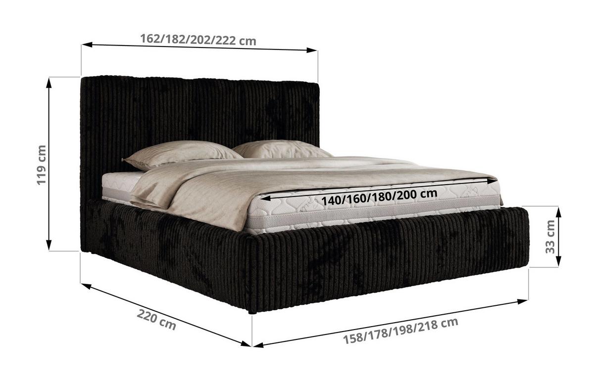 POLSTERBETT SAVINO CLASSIC 180/200 - Schwarz Cord - Multipocket-Matratze - Schwarz, Textil (180/200cm) - MKS