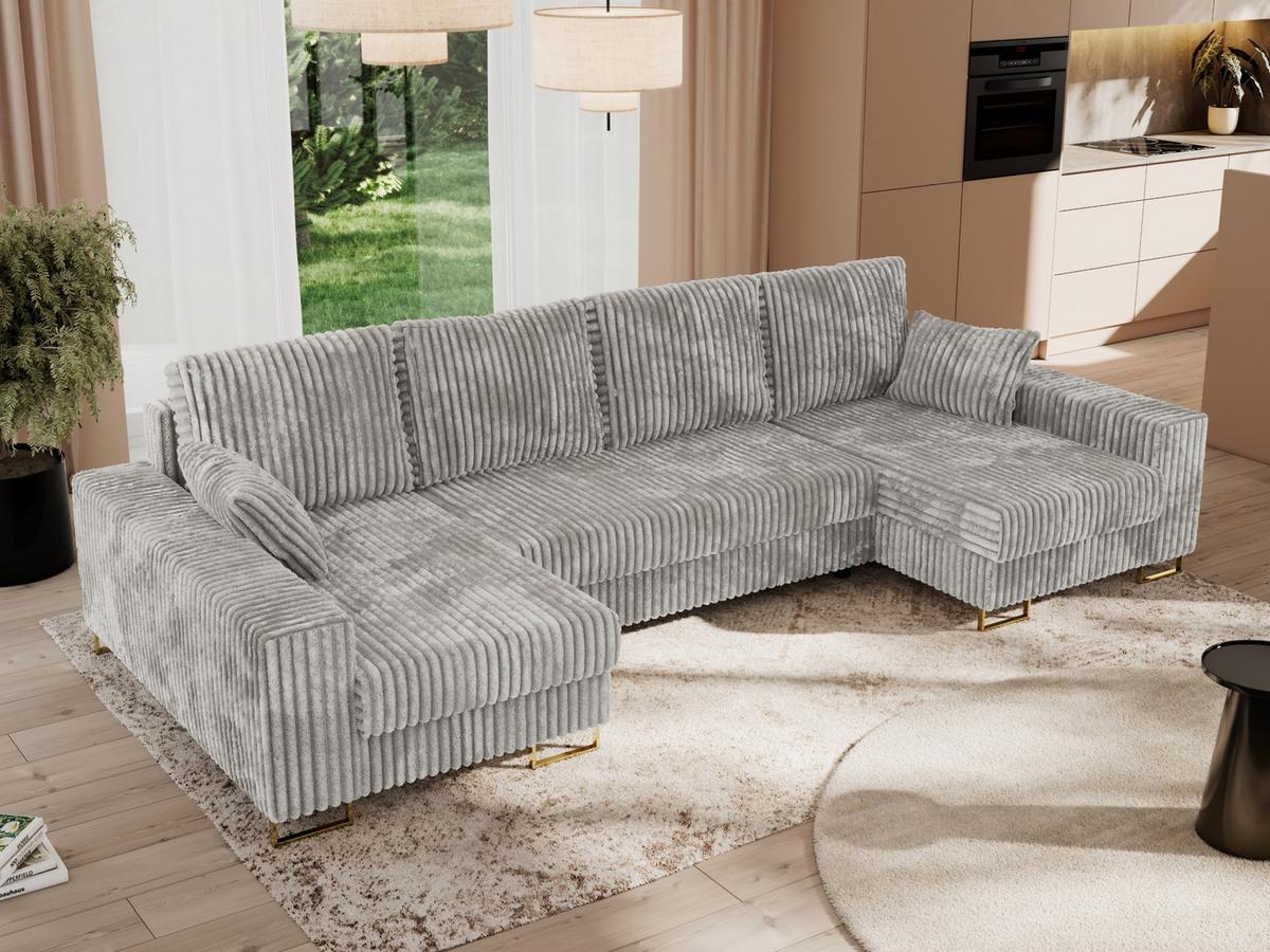 WOHNLANDSCHAFT DORIAN U Cord Hellgrau - Goldfarben/Hellgrau, Textil/Metall (312/85/138cm) - MKS
