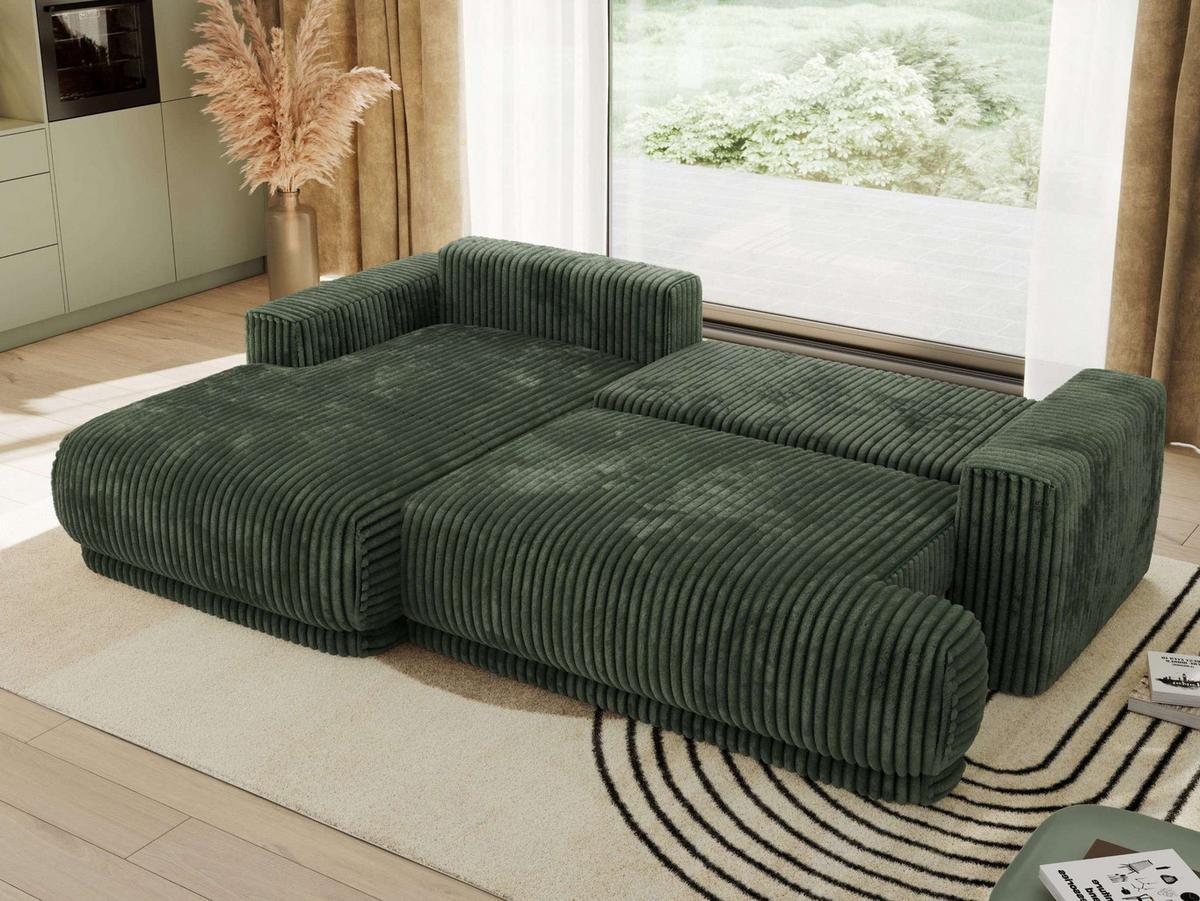 ECKSCHLAFSOFA RINA L Dunkelgrün Cord - links - Dunkelgrün/Schwarz, Kunststoff/Textil (267/170cm) - MKS