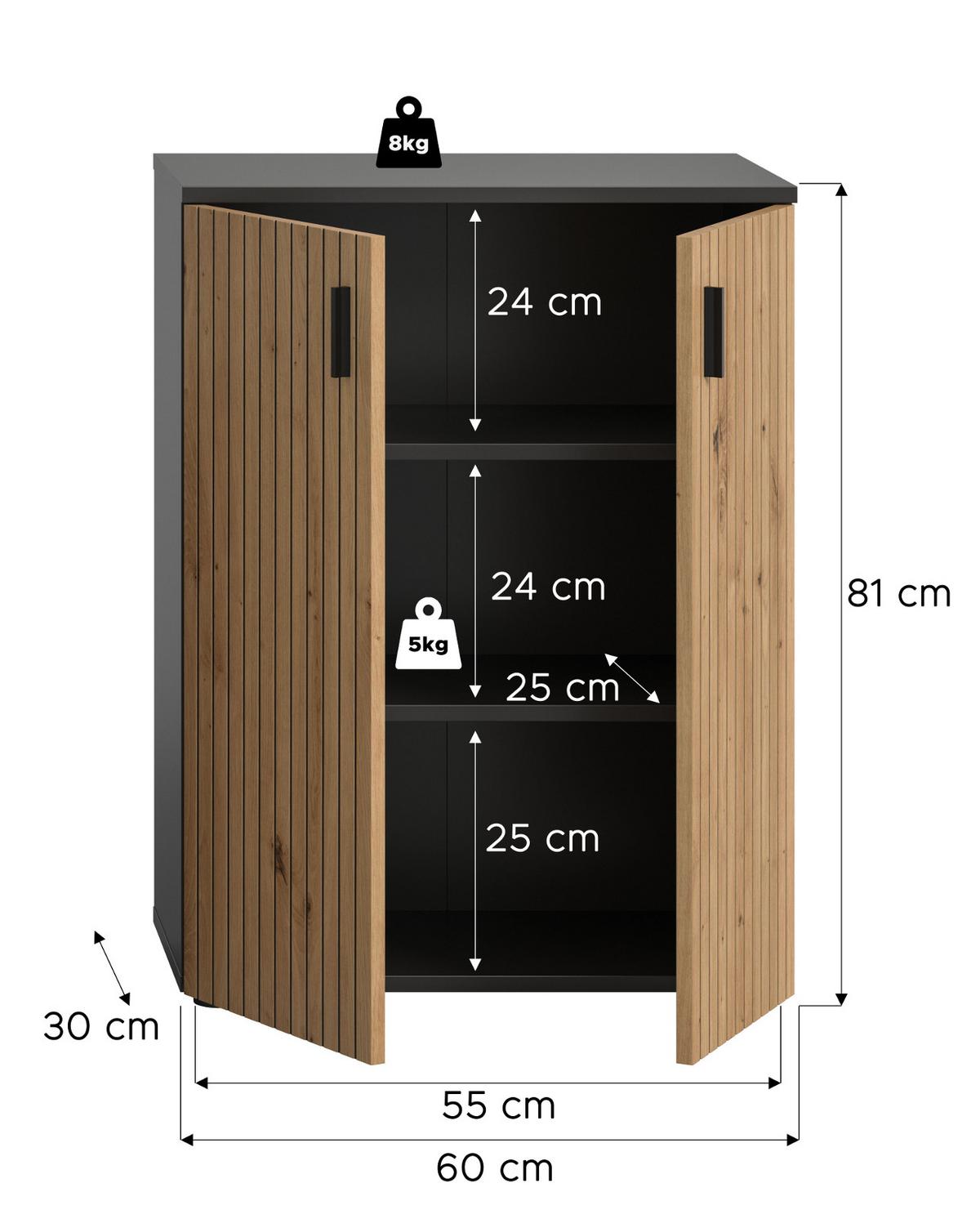 KOMMODE Eiche, grau 60 cm, Badschrank mit Rillen-Optik - Schwarz/Eiche Artisan, Holzwerkstoff/Kunststoff (60/81/30cm) - Inn.Furn