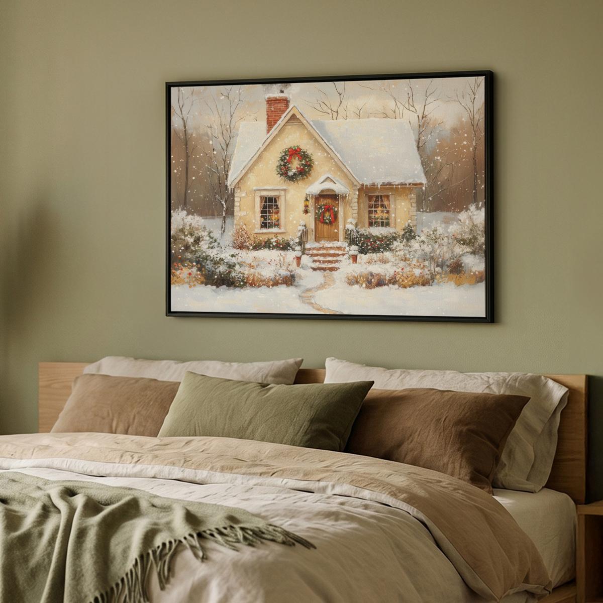 LEINWAND Bilder mit Rahmen - Weihnachten - Zuhause - Winter - Schnee - 100x70 - Creme, Textil (100/70cm) - MuchoWow