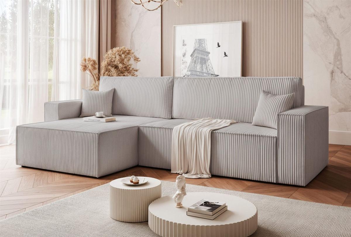 ECKSOFA Adara Max Mit Schlaffunktion - Hellgrau, Holzwerkstoff/Textil (276/145cm) - Fun Möbel