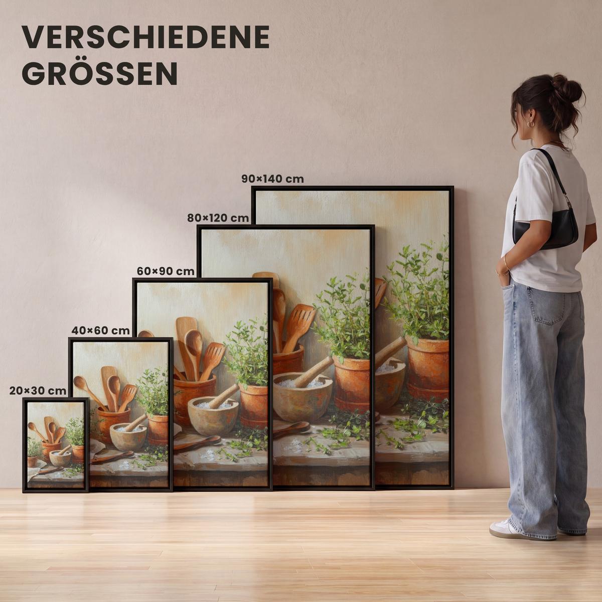 LEINWAND Bilder mit Rahmen - Töpfe - Kräuter - Holz - 90x140 - Terracotta, Textil (90/140cm) - MuchoWow