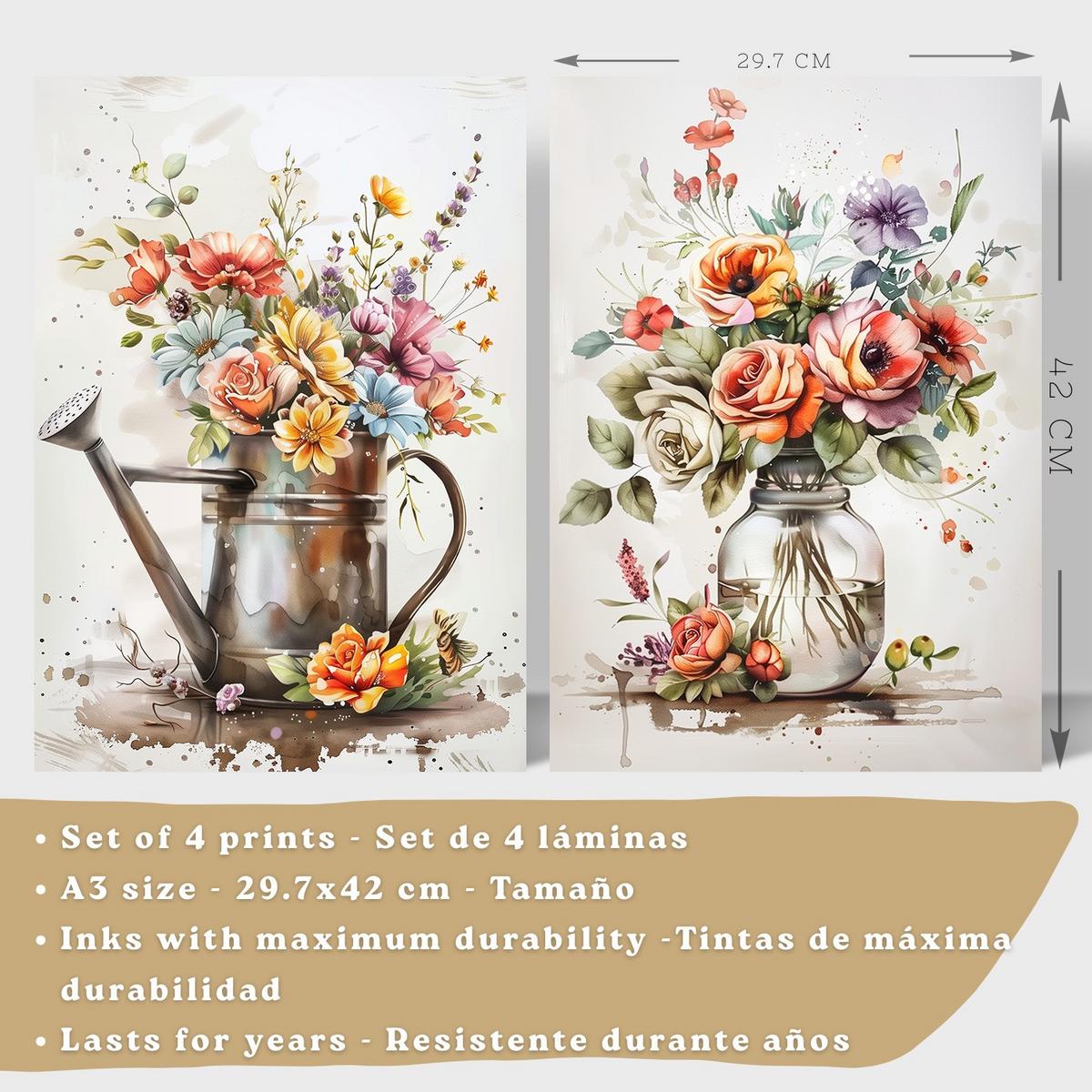 POSTER 4er Set Blumen Küchen-Wandbilder Gießkanne Vase Utensilien Botanisches Aquarell Wohnzimmer Deko Schwarzer Rahmen A3 - Schwarz, Papier (29.7/1/42cm) - Nacnic