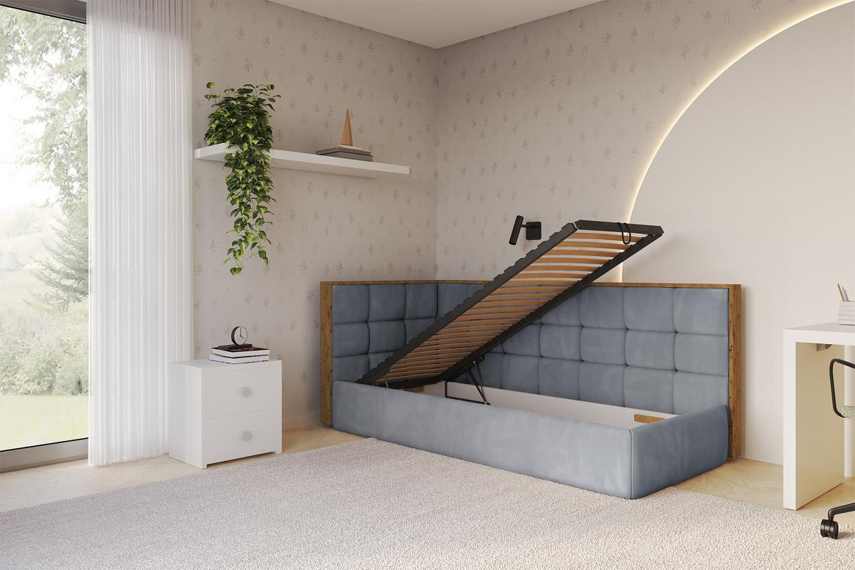 EINZELLBETT Jugendbett mit Bettkasten, Rechts - SOVY 90x200 Grau - Blaugrau, Holzwerkstoff/Textil (90/200cm) - ALTDECOR
