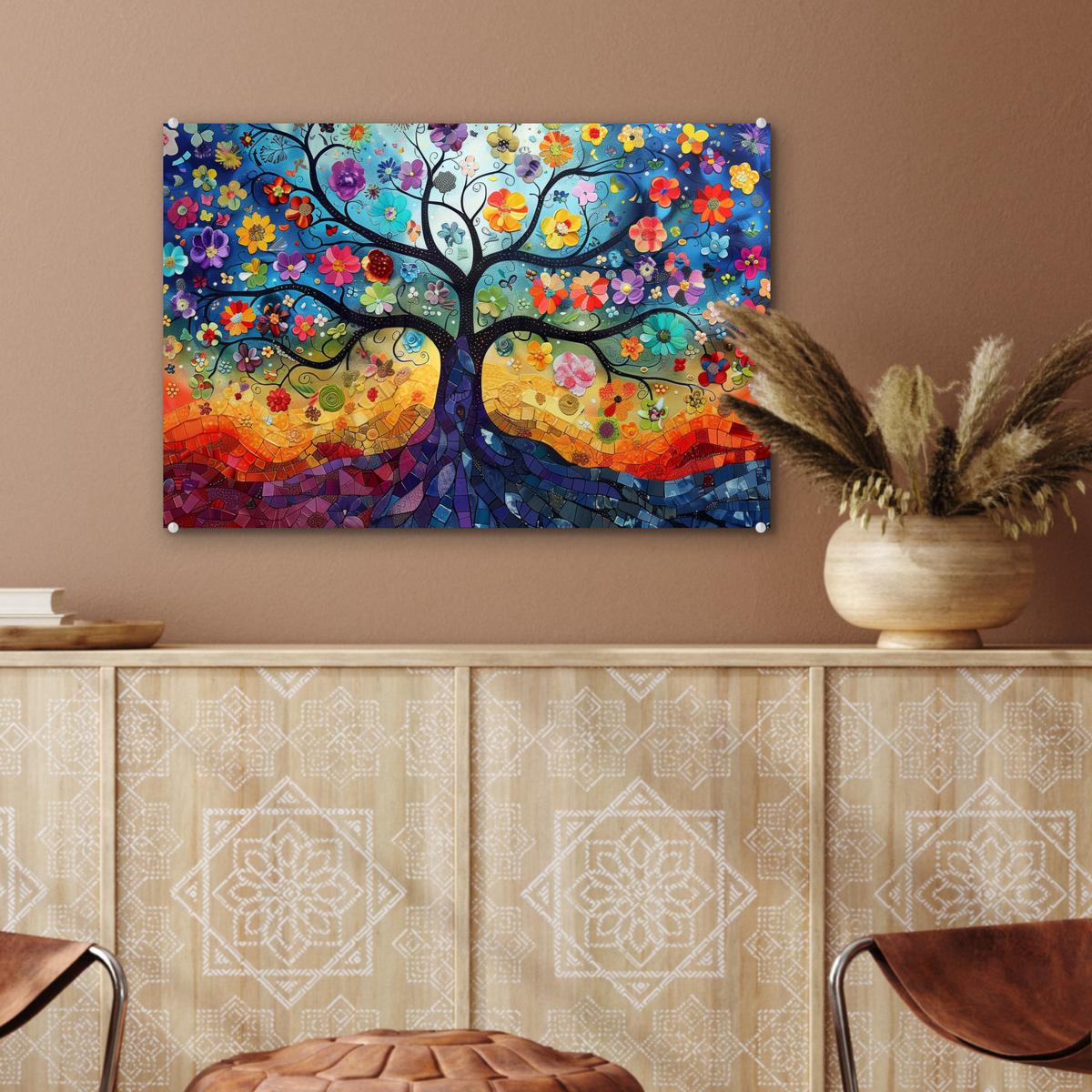ACRYLGLASBILD Kunst - Baum des Lebens - Blumen - Hippie Wanddeko 60x40 cm - Dunkelblau, Glas (60/40cm) - MuchoWow