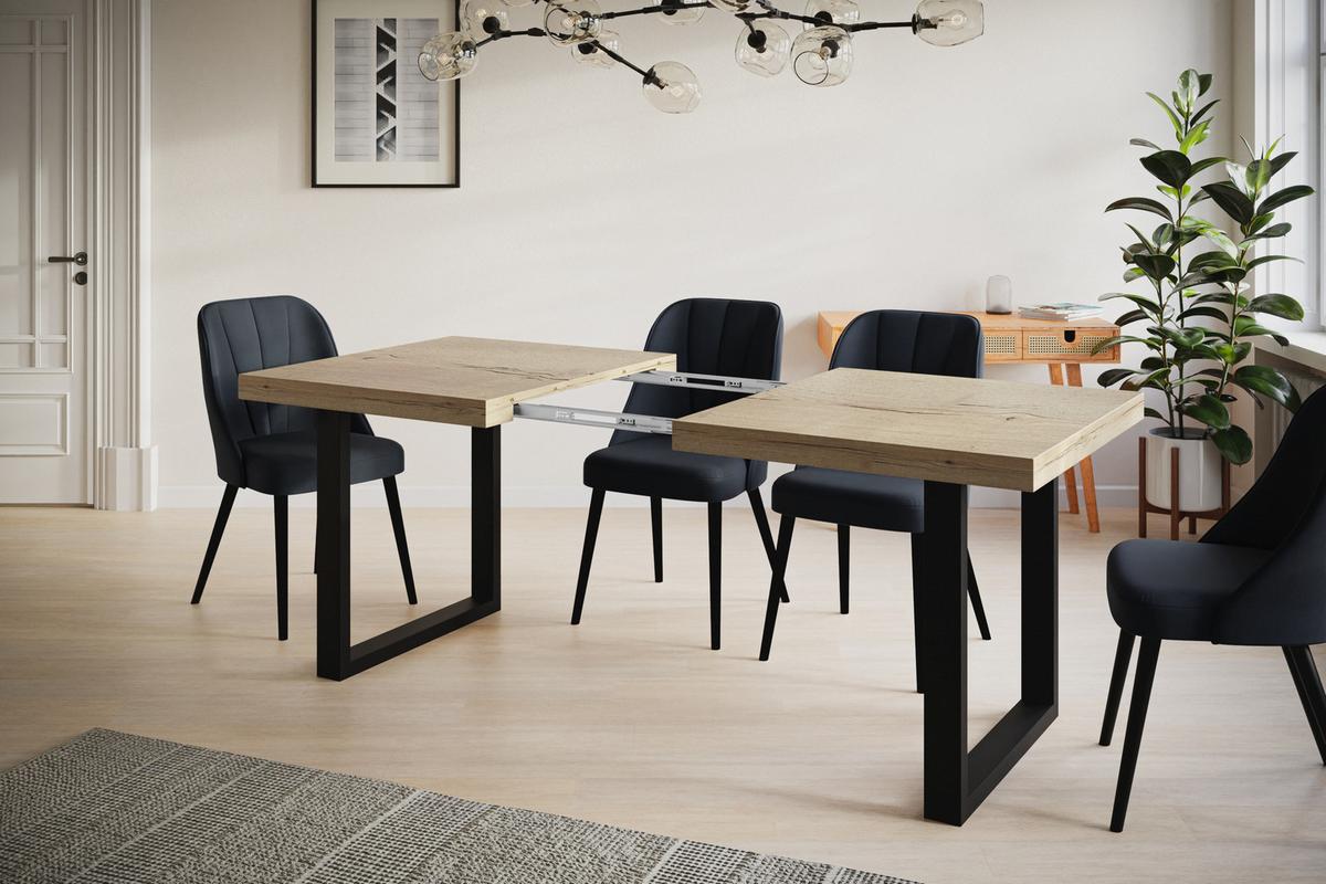 INDUSTRIELLER Esszimmertisch LOFT-U, ausziehbarer Tisch, Größe: 180-280X90X77 cm, Wohnzimmertisch Farbe: HALIFAX, mit Metallbeinen in Farbe Schwarz - Schwarz/Naturfarben, Holzwerkstoff (180/90/77cm) - Alpi-Möbel