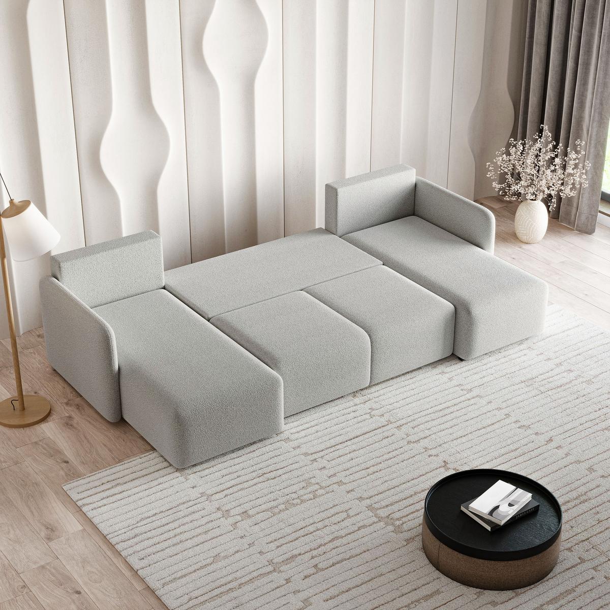 WOHNLANDSCHAFT NUBERO Hellgrau Boucle-Stoff mit Schlaffunktion - Hellgrau, Holz (285/85/143cm) - MASSENO