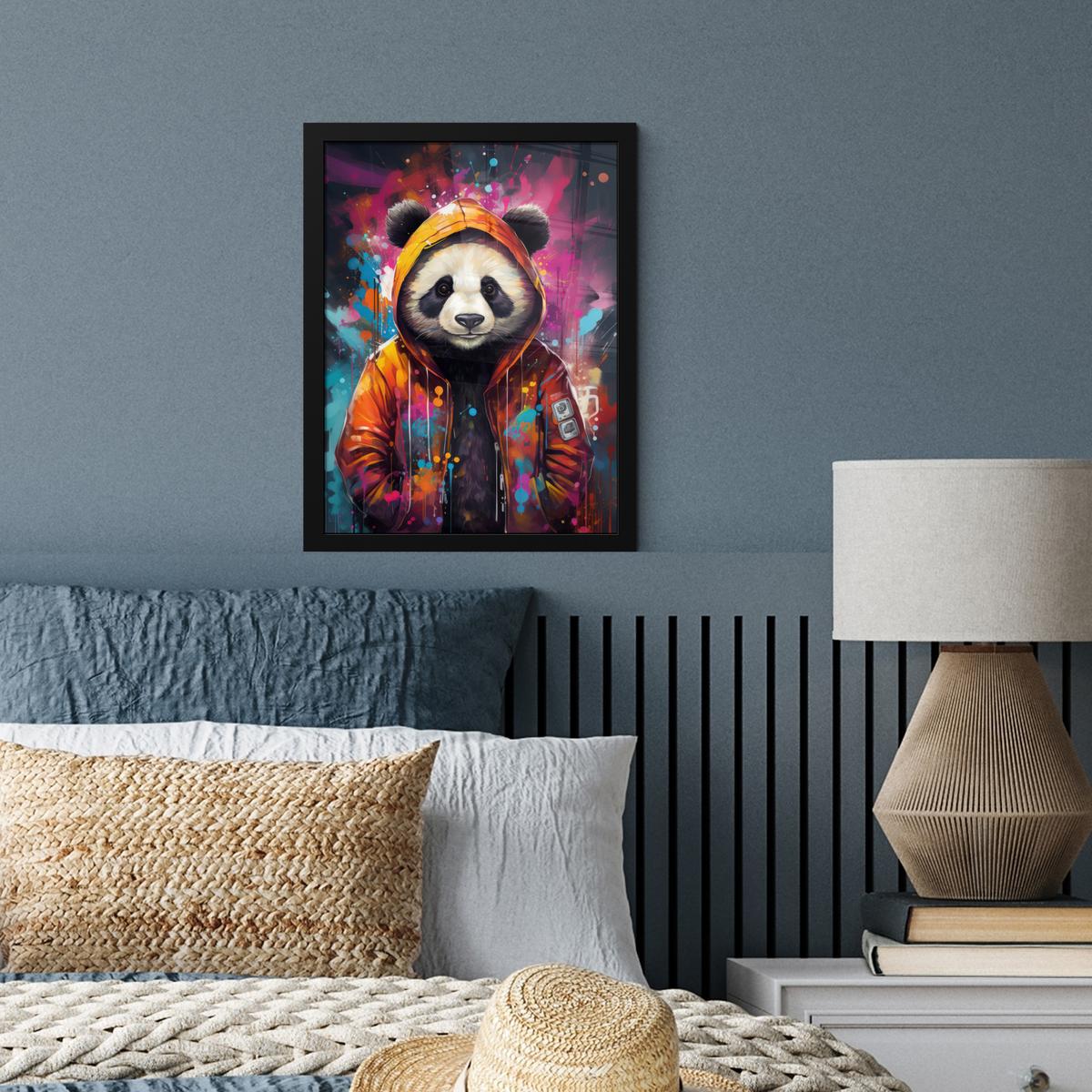 POSTER MIT RAHMENGERAHMTES BILD Panda - Jacke - Graffiti - Orange Bilderrahmen 30x40 cm - Orange, Papier (30/40cm) - MuchoWow