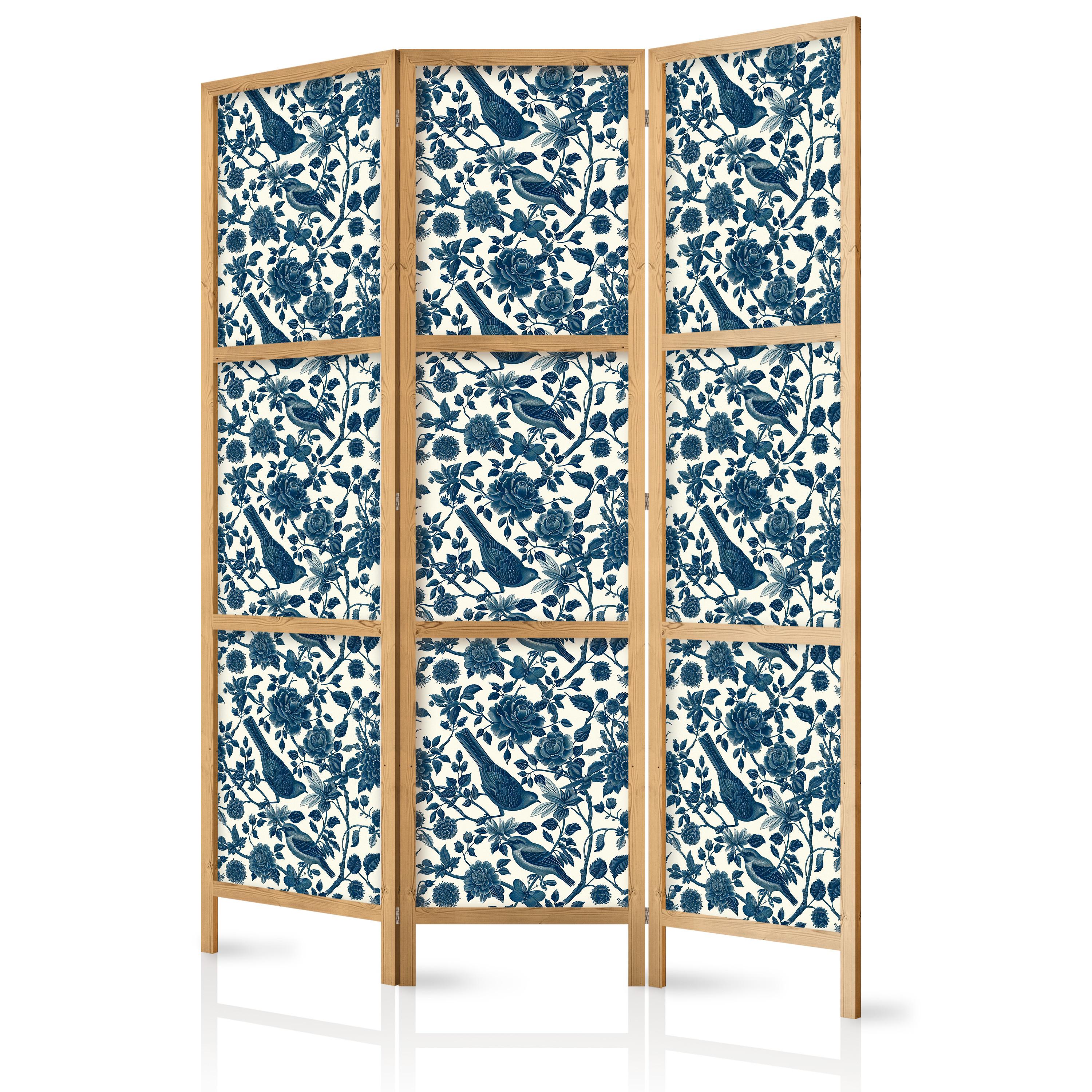 PARAVENT Japanischer 3-tlg 135x172 cm Blaue Blumen Und V gel - Blau, Holz/Textil (135/172/3cm) - Muralo