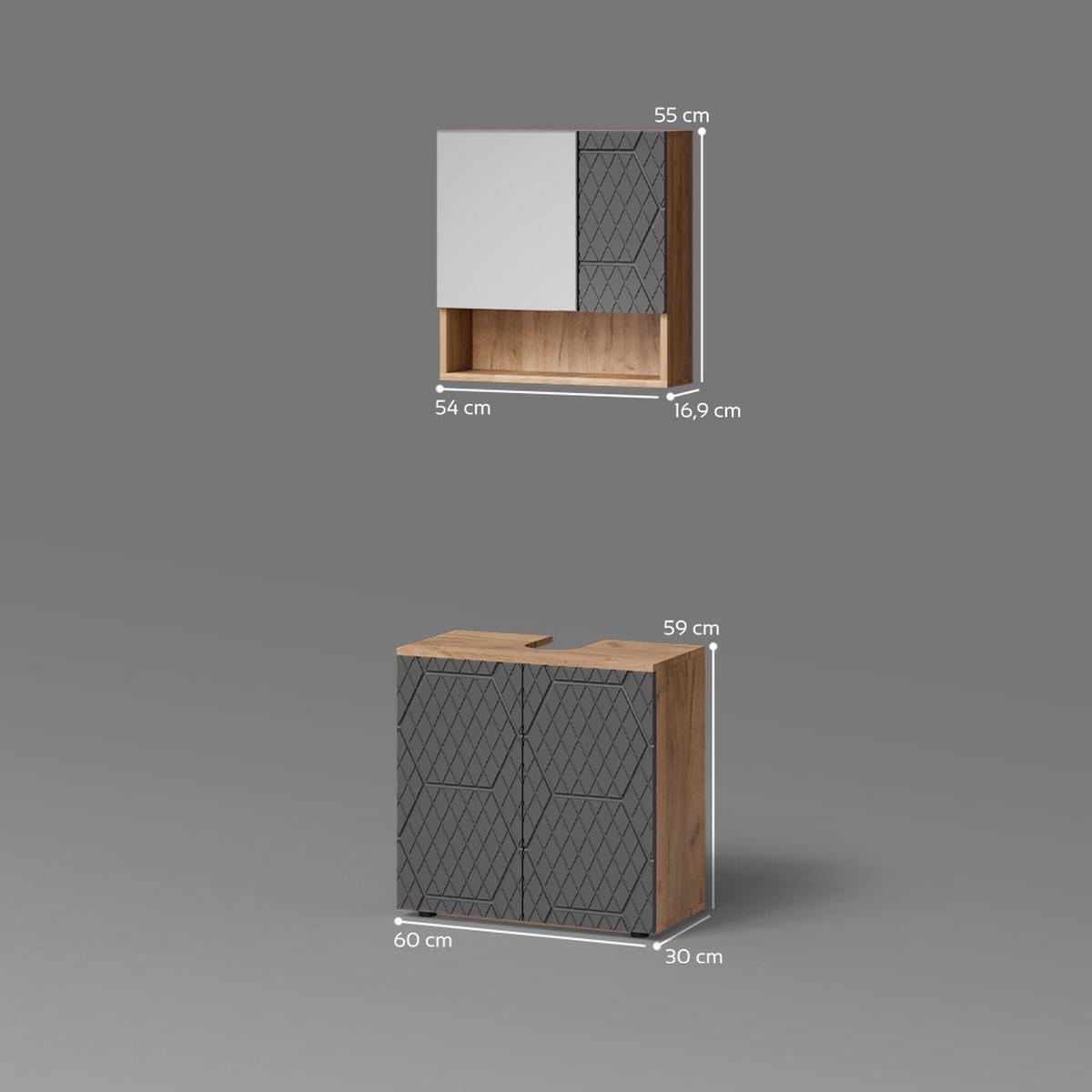 BADMÖBEL-SET Ronco Anthrazit mit Wabenstruktur 2 Teile, Unterschrank 60 cm - Anthrazit, Holzwerkstoff (60/59/30cm) - Livinity®