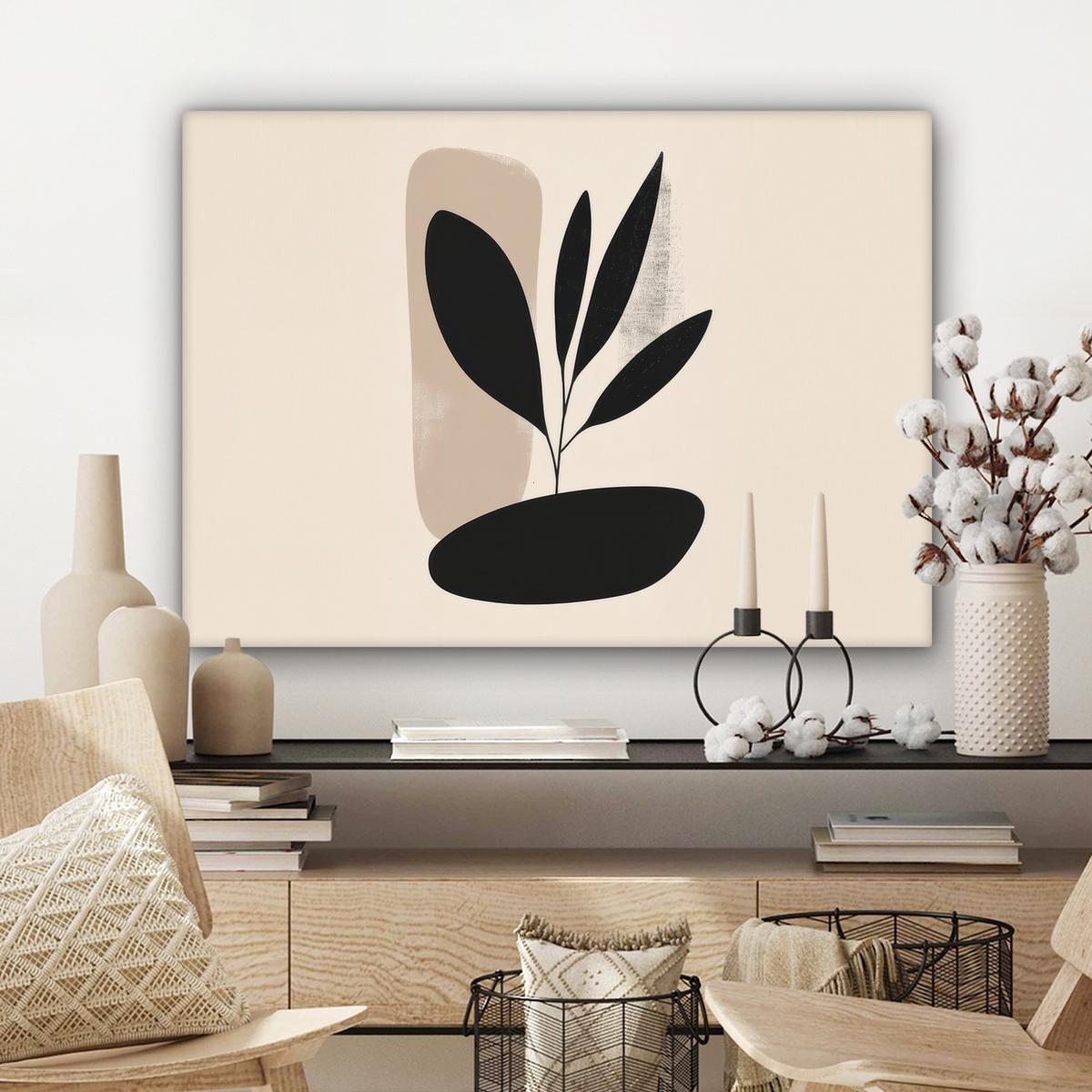 LEINWANDBILD Pflanze - Beige - Japanisch Wandbilder 80x60 cm - Schwarz, Textil (80/60cm) - MuchoWow