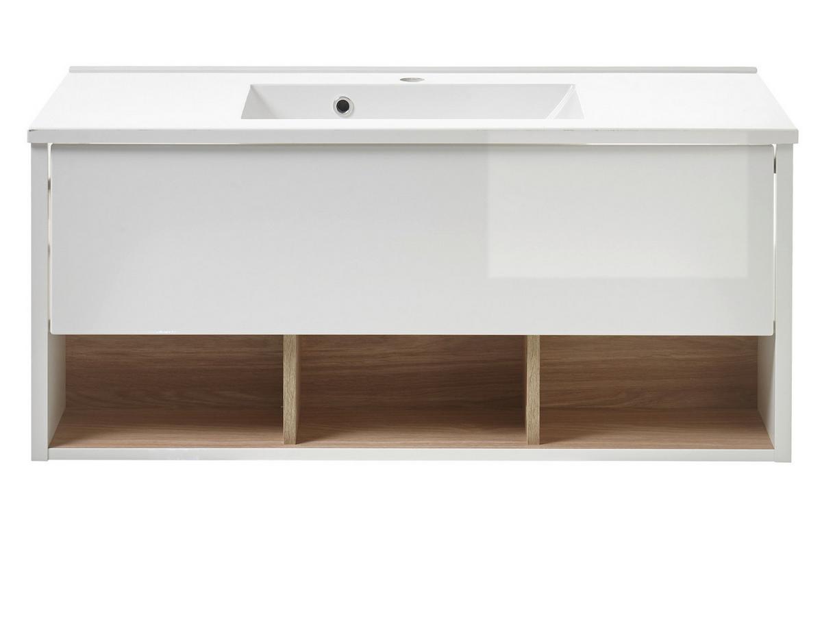WASCHTISCH weiß Hochglanz und Eiche , Set Waschbeckenunterschrank inklusive Waschbecken, Breite 100 cm - Weiß Hochglanz/Eichefarben, Holzwerkstoff/Metall (100/44/47cm) - Furn.Design